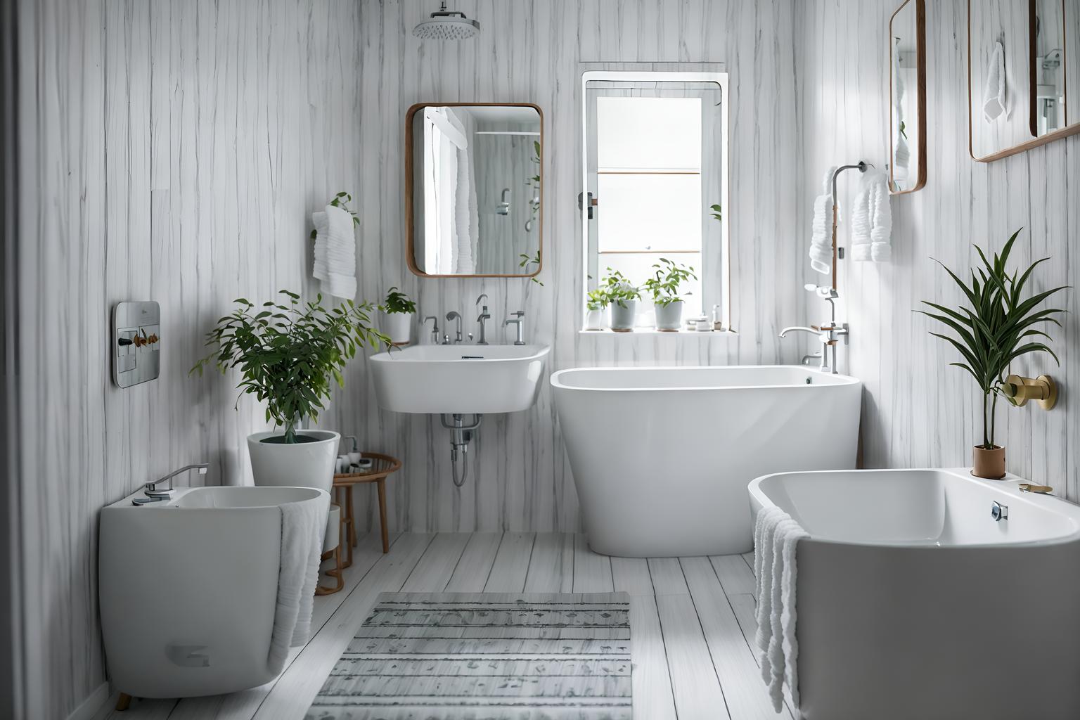 scandinavian-style (bathroom interior) with shower and mirror and plant and waste basket and toilet seat and bath towel and bathtub and bathroom sink with faucet. . with . . cinematic photo, highly detailed, cinematic lighting, ultra-detailed, ultrarealistic, photorealism, 8k. scandinavian interior design style. masterpiece, cinematic light, ultrarealistic+, photorealistic+, 8k, raw photo, realistic, sharp focus on eyes, (symmetrical eyes), (intact eyes), hyperrealistic, highest quality, best quality, , highly detailed, masterpiece, best quality, extremely detailed 8k wallpaper, masterpiece, best quality, ultra-detailed, best shadow, detailed background, detailed face, detailed eyes, high contrast, best illumination, detailed face, dulux, caustic, dynamic angle, detailed glow. dramatic lighting. highly detailed, insanely detailed hair, symmetrical, intricate details, professionally retouched, 8k high definition. strong bokeh. award winning photo.