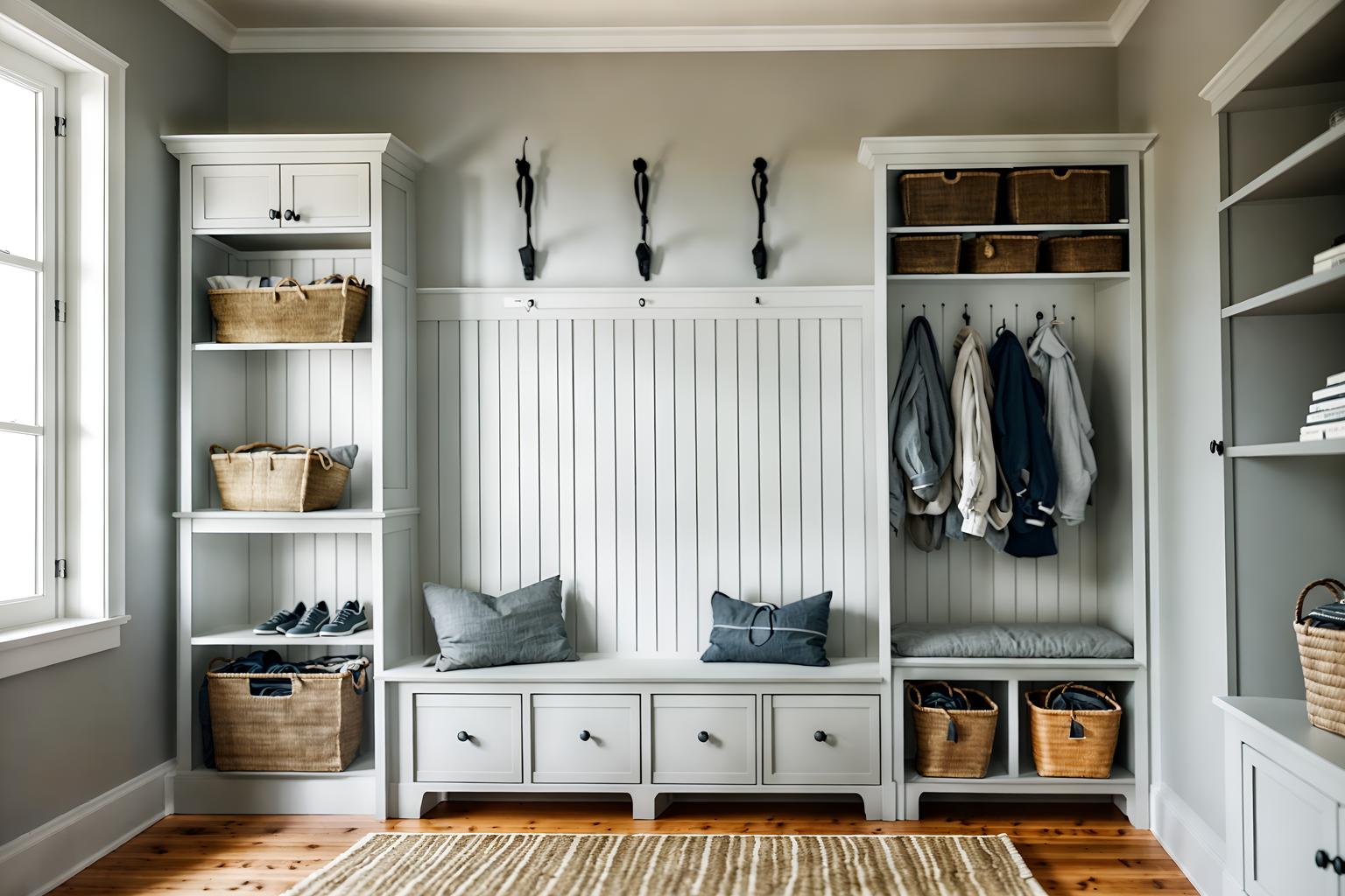 Scandinavian-style Mudroom Interior With A Bench And Storage Drawers ...