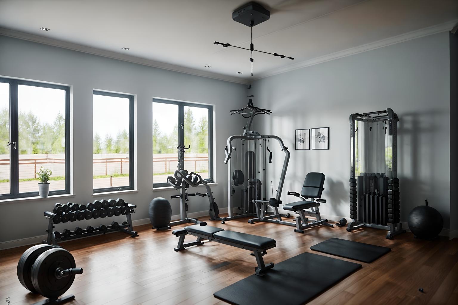 scandinavian-style (fitness gym interior) with exercise bicycle and dumbbell stand and crosstrainer and squat rack and bench press and exercise bicycle. . with . . cinematic photo, highly detailed, cinematic lighting, ultra-detailed, ultrarealistic, photorealism, 8k. scandinavian interior design style. masterpiece, cinematic light, ultrarealistic+, photorealistic+, 8k, raw photo, realistic, sharp focus on eyes, (symmetrical eyes), (intact eyes), hyperrealistic, highest quality, best quality, , highly detailed, masterpiece, best quality, extremely detailed 8k wallpaper, masterpiece, best quality, ultra-detailed, best shadow, detailed background, detailed face, detailed eyes, high contrast, best illumination, detailed face, dulux, caustic, dynamic angle, detailed glow. dramatic lighting. highly detailed, insanely detailed hair, symmetrical, intricate details, professionally retouched, 8k high definition. strong bokeh. award winning photo.