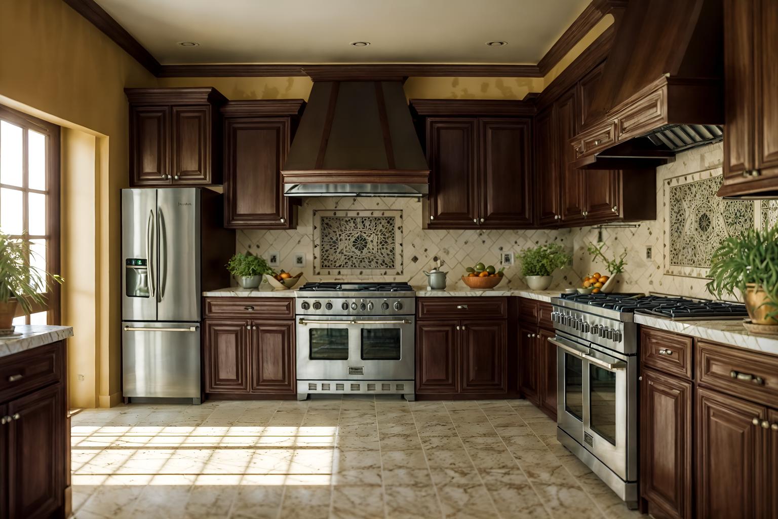 mediterranean-style (kitchen interior) with sink and kitchen cabinets and plant and worktops and stove and refrigerator and sink. . . cinematic photo, highly detailed, cinematic lighting, ultra-detailed, ultrarealistic, photorealism, 8k. mediterranean interior design style. masterpiece, cinematic light, ultrarealistic+, photorealistic+, 8k, raw photo, realistic, sharp focus on eyes, (symmetrical eyes), (intact eyes), hyperrealistic, highest quality, best quality, , highly detailed, masterpiece, best quality, extremely detailed 8k wallpaper, masterpiece, best quality, ultra-detailed, best shadow, detailed background, detailed face, detailed eyes, high contrast, best illumination, detailed face, dulux, caustic, dynamic angle, detailed glow. dramatic lighting. highly detailed, insanely detailed hair, symmetrical, intricate details, professionally retouched, 8k high definition. strong bokeh. award winning photo.