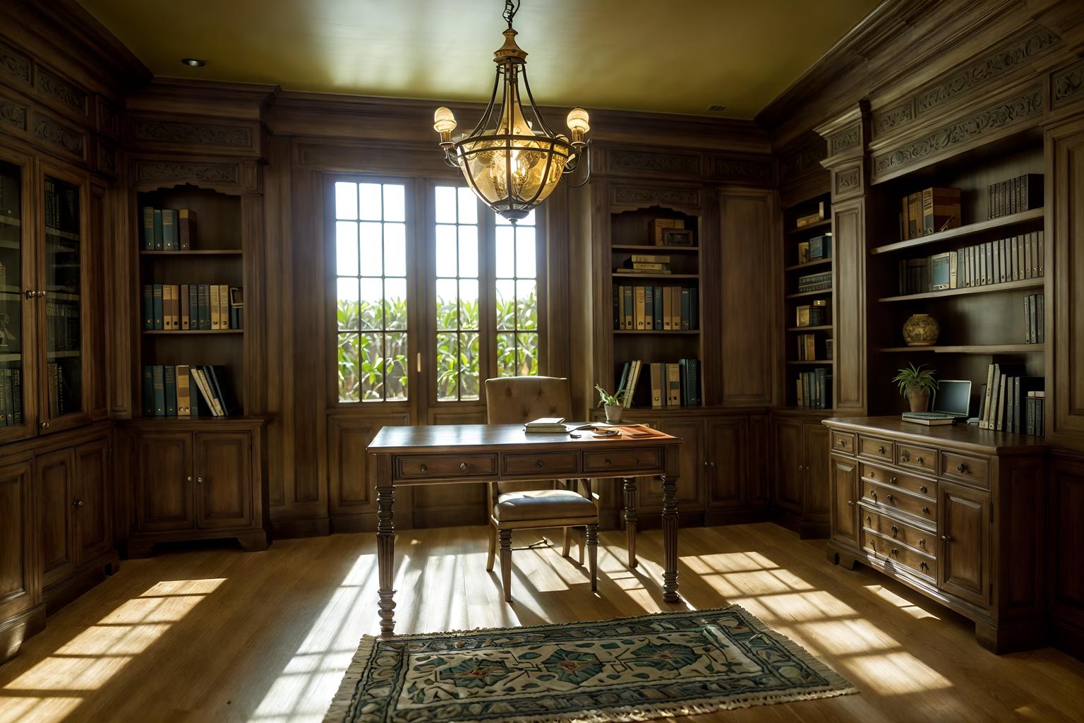 mediterranean-style (study room interior) with cabinets and plant and desk lamp and writing desk and lounge chair and office chair and bookshelves and cabinets. . . cinematic photo, highly detailed, cinematic lighting, ultra-detailed, ultrarealistic, photorealism, 8k. mediterranean interior design style. masterpiece, cinematic light, ultrarealistic+, photorealistic+, 8k, raw photo, realistic, sharp focus on eyes, (symmetrical eyes), (intact eyes), hyperrealistic, highest quality, best quality, , highly detailed, masterpiece, best quality, extremely detailed 8k wallpaper, masterpiece, best quality, ultra-detailed, best shadow, detailed background, detailed face, detailed eyes, high contrast, best illumination, detailed face, dulux, caustic, dynamic angle, detailed glow. dramatic lighting. highly detailed, insanely detailed hair, symmetrical, intricate details, professionally retouched, 8k high definition. strong bokeh. award winning photo.