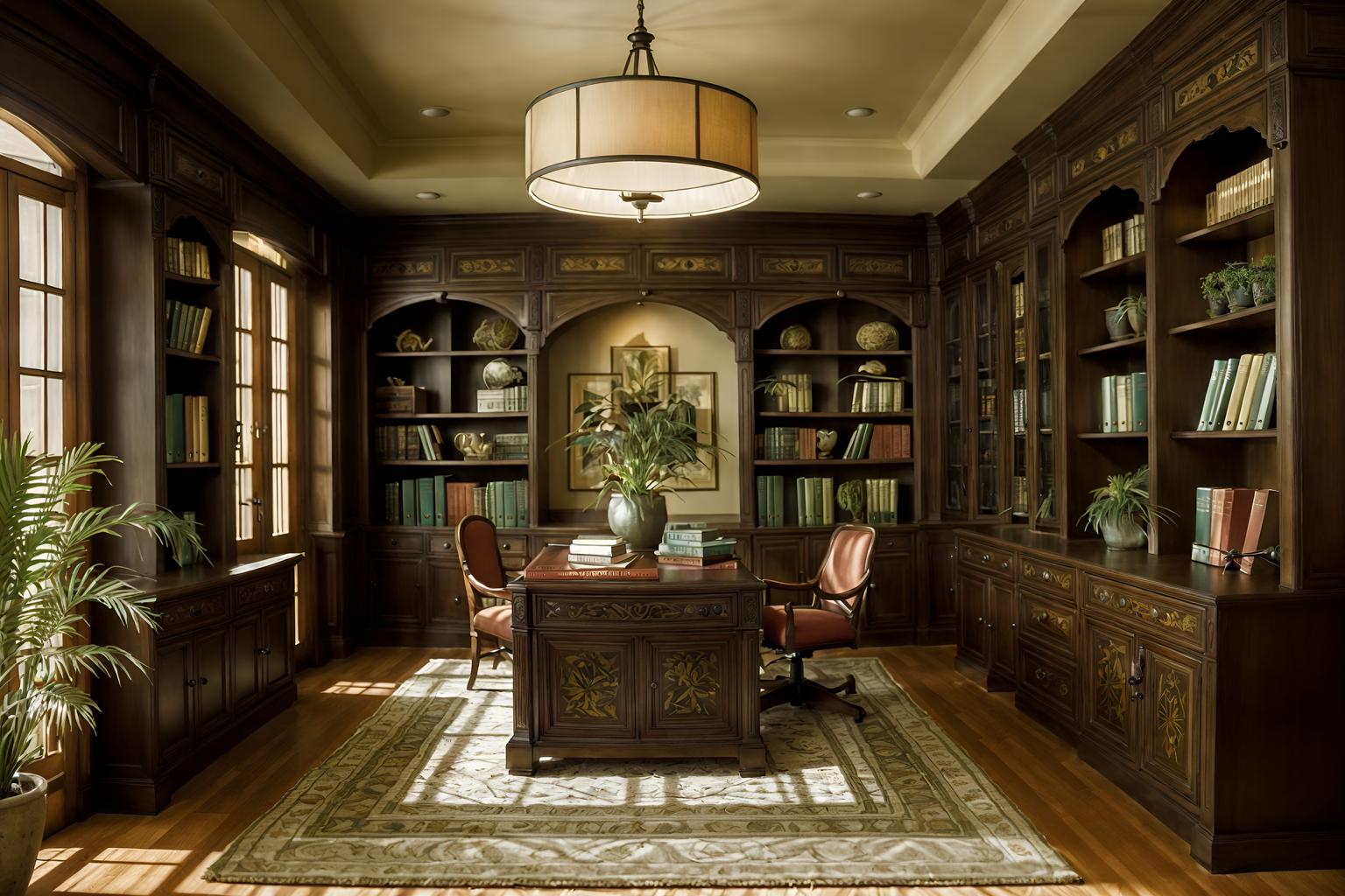 mediterranean-style (study room interior) with cabinets and plant and desk lamp and writing desk and lounge chair and office chair and bookshelves and cabinets. . . cinematic photo, highly detailed, cinematic lighting, ultra-detailed, ultrarealistic, photorealism, 8k. mediterranean interior design style. masterpiece, cinematic light, ultrarealistic+, photorealistic+, 8k, raw photo, realistic, sharp focus on eyes, (symmetrical eyes), (intact eyes), hyperrealistic, highest quality, best quality, , highly detailed, masterpiece, best quality, extremely detailed 8k wallpaper, masterpiece, best quality, ultra-detailed, best shadow, detailed background, detailed face, detailed eyes, high contrast, best illumination, detailed face, dulux, caustic, dynamic angle, detailed glow. dramatic lighting. highly detailed, insanely detailed hair, symmetrical, intricate details, professionally retouched, 8k high definition. strong bokeh. award winning photo.