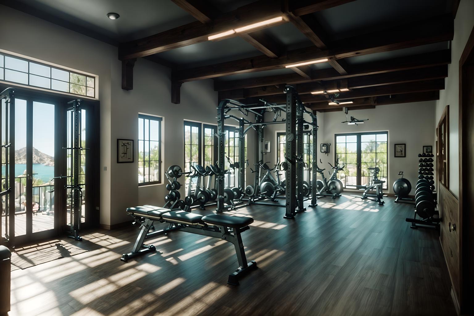 mediterranean-style (fitness gym interior) with crosstrainer and bench press and dumbbell stand and squat rack and exercise bicycle and crosstrainer. . . cinematic photo, highly detailed, cinematic lighting, ultra-detailed, ultrarealistic, photorealism, 8k. mediterranean interior design style. masterpiece, cinematic light, ultrarealistic+, photorealistic+, 8k, raw photo, realistic, sharp focus on eyes, (symmetrical eyes), (intact eyes), hyperrealistic, highest quality, best quality, , highly detailed, masterpiece, best quality, extremely detailed 8k wallpaper, masterpiece, best quality, ultra-detailed, best shadow, detailed background, detailed face, detailed eyes, high contrast, best illumination, detailed face, dulux, caustic, dynamic angle, detailed glow. dramatic lighting. highly detailed, insanely detailed hair, symmetrical, intricate details, professionally retouched, 8k high definition. strong bokeh. award winning photo.