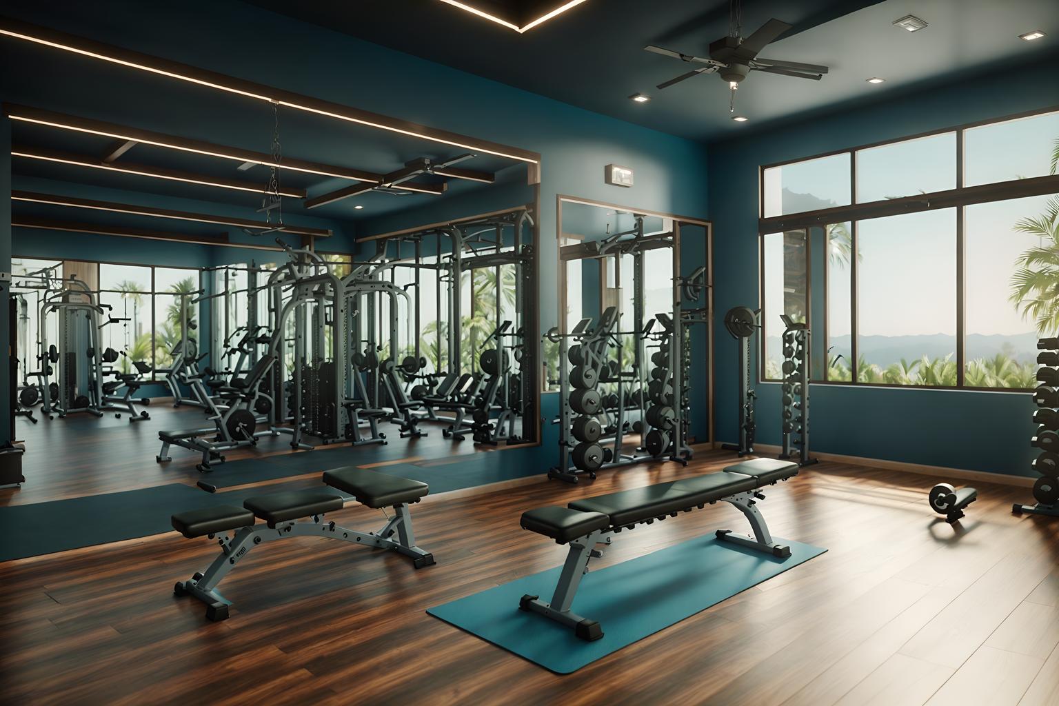 mediterranean-style (fitness gym interior) with crosstrainer and bench press and dumbbell stand and squat rack and exercise bicycle and crosstrainer. . . cinematic photo, highly detailed, cinematic lighting, ultra-detailed, ultrarealistic, photorealism, 8k. mediterranean interior design style. masterpiece, cinematic light, ultrarealistic+, photorealistic+, 8k, raw photo, realistic, sharp focus on eyes, (symmetrical eyes), (intact eyes), hyperrealistic, highest quality, best quality, , highly detailed, masterpiece, best quality, extremely detailed 8k wallpaper, masterpiece, best quality, ultra-detailed, best shadow, detailed background, detailed face, detailed eyes, high contrast, best illumination, detailed face, dulux, caustic, dynamic angle, detailed glow. dramatic lighting. highly detailed, insanely detailed hair, symmetrical, intricate details, professionally retouched, 8k high definition. strong bokeh. award winning photo.