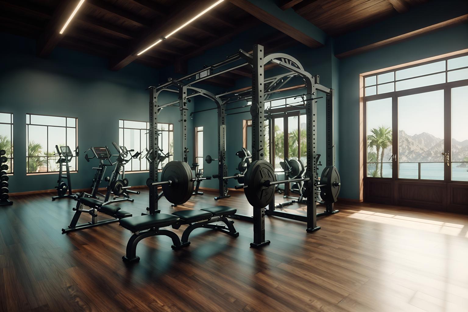 mediterranean-style (fitness gym interior) with crosstrainer and bench press and dumbbell stand and squat rack and exercise bicycle and crosstrainer. . . cinematic photo, highly detailed, cinematic lighting, ultra-detailed, ultrarealistic, photorealism, 8k. mediterranean interior design style. masterpiece, cinematic light, ultrarealistic+, photorealistic+, 8k, raw photo, realistic, sharp focus on eyes, (symmetrical eyes), (intact eyes), hyperrealistic, highest quality, best quality, , highly detailed, masterpiece, best quality, extremely detailed 8k wallpaper, masterpiece, best quality, ultra-detailed, best shadow, detailed background, detailed face, detailed eyes, high contrast, best illumination, detailed face, dulux, caustic, dynamic angle, detailed glow. dramatic lighting. highly detailed, insanely detailed hair, symmetrical, intricate details, professionally retouched, 8k high definition. strong bokeh. award winning photo.