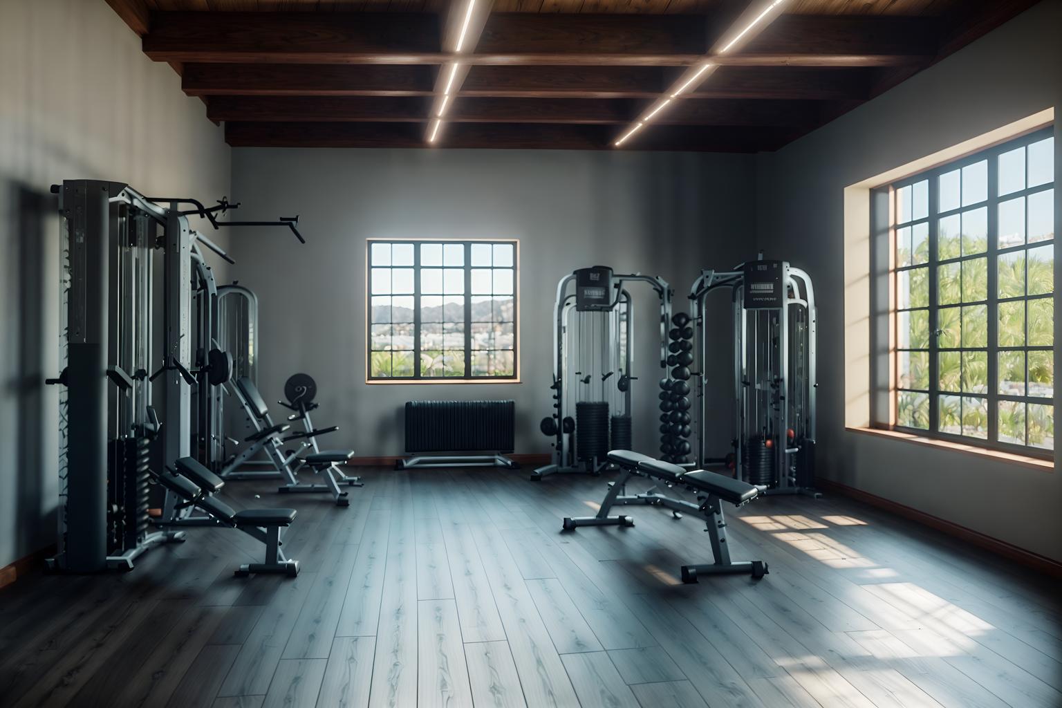 mediterranean-style (fitness gym interior) with crosstrainer and bench press and dumbbell stand and squat rack and exercise bicycle and crosstrainer. . . cinematic photo, highly detailed, cinematic lighting, ultra-detailed, ultrarealistic, photorealism, 8k. mediterranean interior design style. masterpiece, cinematic light, ultrarealistic+, photorealistic+, 8k, raw photo, realistic, sharp focus on eyes, (symmetrical eyes), (intact eyes), hyperrealistic, highest quality, best quality, , highly detailed, masterpiece, best quality, extremely detailed 8k wallpaper, masterpiece, best quality, ultra-detailed, best shadow, detailed background, detailed face, detailed eyes, high contrast, best illumination, detailed face, dulux, caustic, dynamic angle, detailed glow. dramatic lighting. highly detailed, insanely detailed hair, symmetrical, intricate details, professionally retouched, 8k high definition. strong bokeh. award winning photo.