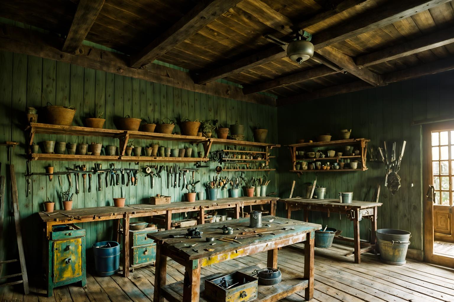 mediterranean-style (workshop interior) with wooden workbench and tool wall and messy and wooden workbench. . . cinematic photo, highly detailed, cinematic lighting, ultra-detailed, ultrarealistic, photorealism, 8k. mediterranean interior design style. masterpiece, cinematic light, ultrarealistic+, photorealistic+, 8k, raw photo, realistic, sharp focus on eyes, (symmetrical eyes), (intact eyes), hyperrealistic, highest quality, best quality, , highly detailed, masterpiece, best quality, extremely detailed 8k wallpaper, masterpiece, best quality, ultra-detailed, best shadow, detailed background, detailed face, detailed eyes, high contrast, best illumination, detailed face, dulux, caustic, dynamic angle, detailed glow. dramatic lighting. highly detailed, insanely detailed hair, symmetrical, intricate details, professionally retouched, 8k high definition. strong bokeh. award winning photo.