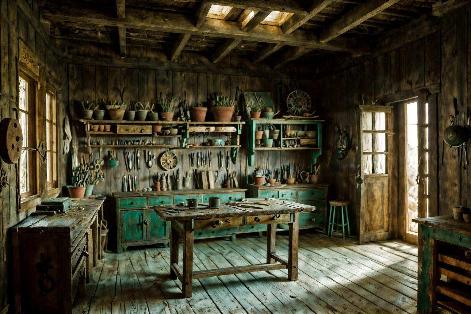 mediterranean-style (workshop interior) with wooden workbench and tool wall and messy and wooden workbench. . . cinematic photo, highly detailed, cinematic lighting, ultra-detailed, ultrarealistic, photorealism, 8k. mediterranean interior design style. masterpiece, cinematic light, ultrarealistic+, photorealistic+, 8k, raw photo, realistic, sharp focus on eyes, (symmetrical eyes), (intact eyes), hyperrealistic, highest quality, best quality, , highly detailed, masterpiece, best quality, extremely detailed 8k wallpaper, masterpiece, best quality, ultra-detailed, best shadow, detailed background, detailed face, detailed eyes, high contrast, best illumination, detailed face, dulux, caustic, dynamic angle, detailed glow. dramatic lighting. highly detailed, insanely detailed hair, symmetrical, intricate details, professionally retouched, 8k high definition. strong bokeh. award winning photo.