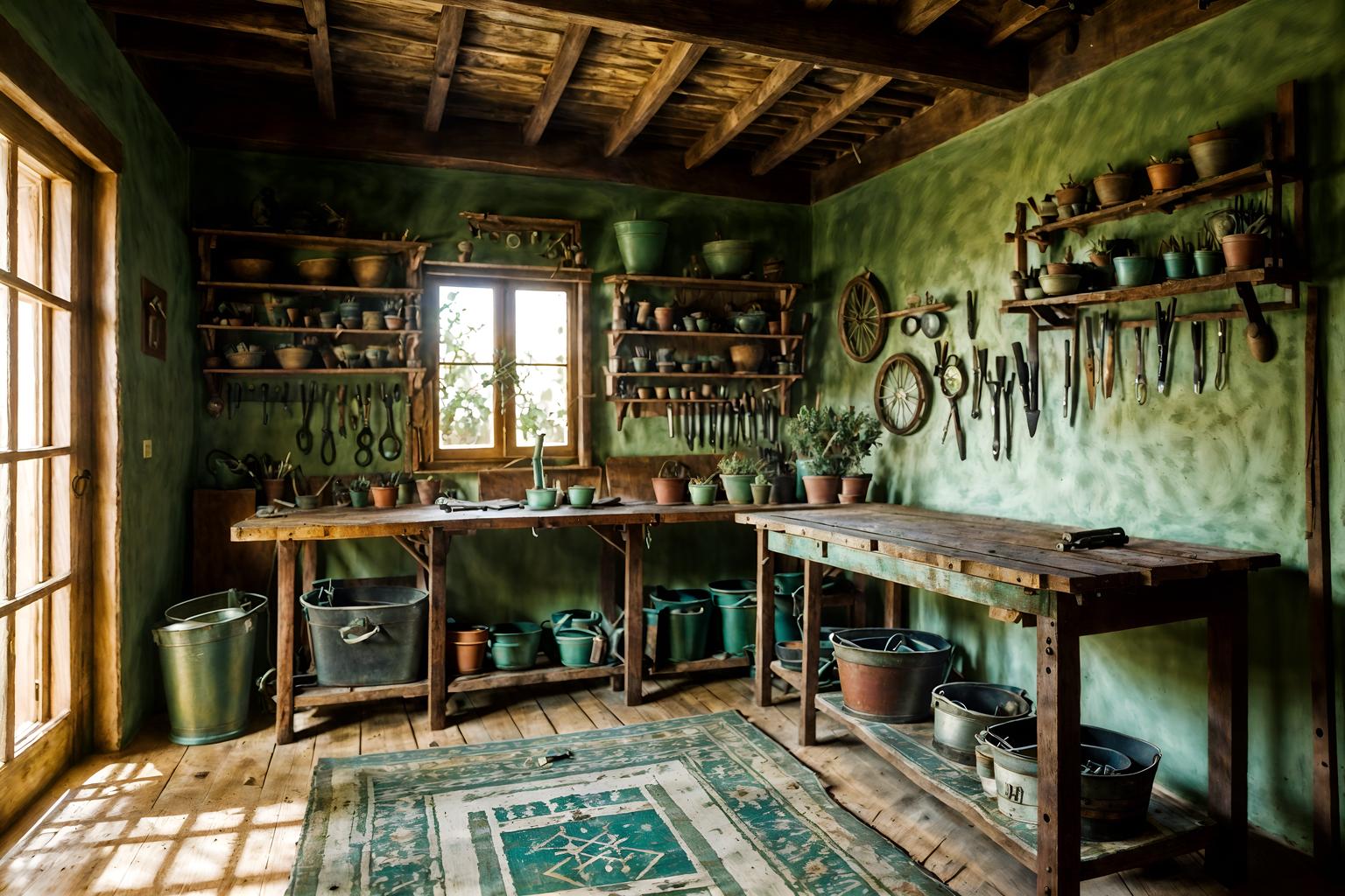 mediterranean-style (workshop interior) with wooden workbench and tool wall and messy and wooden workbench. . . cinematic photo, highly detailed, cinematic lighting, ultra-detailed, ultrarealistic, photorealism, 8k. mediterranean interior design style. masterpiece, cinematic light, ultrarealistic+, photorealistic+, 8k, raw photo, realistic, sharp focus on eyes, (symmetrical eyes), (intact eyes), hyperrealistic, highest quality, best quality, , highly detailed, masterpiece, best quality, extremely detailed 8k wallpaper, masterpiece, best quality, ultra-detailed, best shadow, detailed background, detailed face, detailed eyes, high contrast, best illumination, detailed face, dulux, caustic, dynamic angle, detailed glow. dramatic lighting. highly detailed, insanely detailed hair, symmetrical, intricate details, professionally retouched, 8k high definition. strong bokeh. award winning photo.