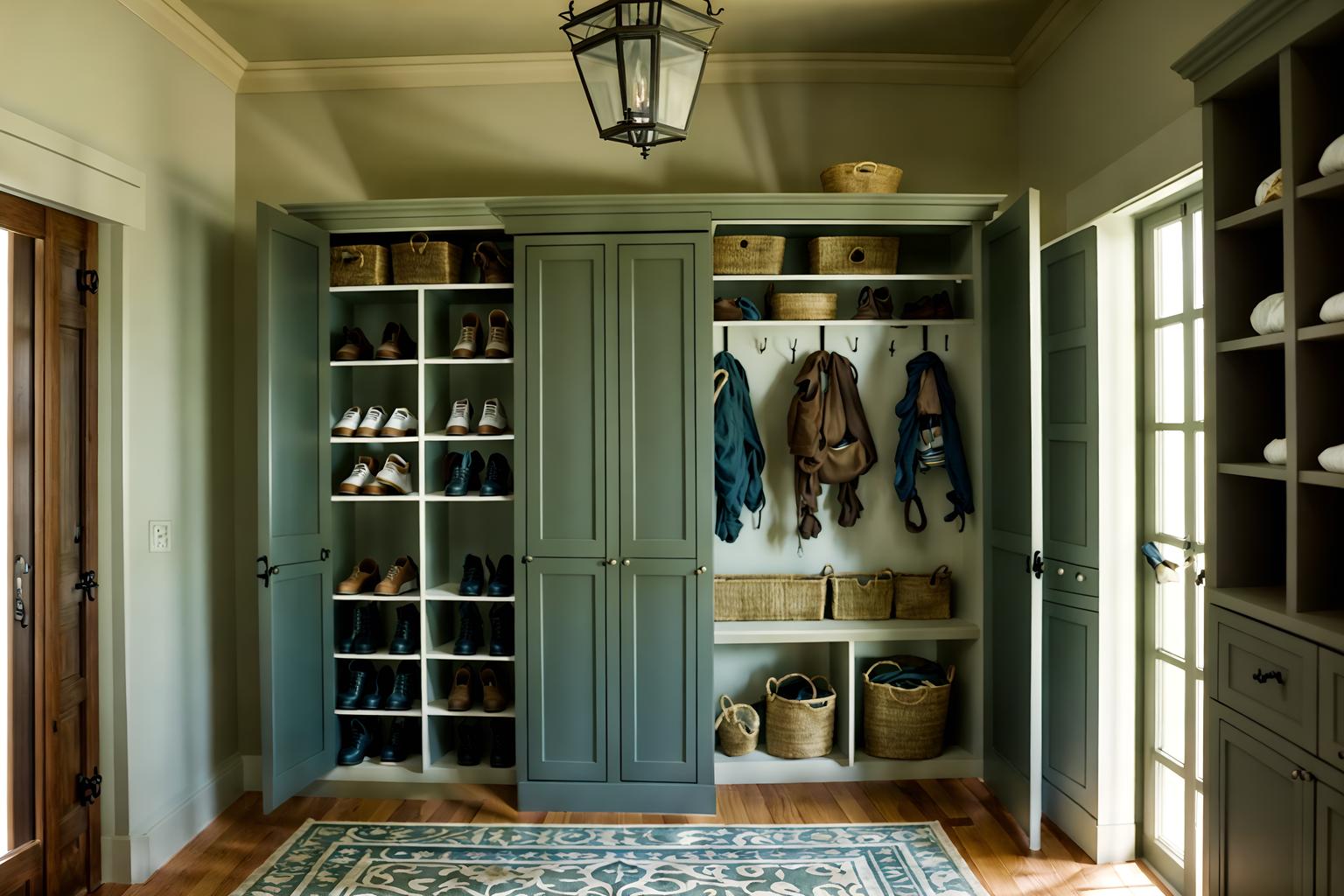mediterranean-style (mudroom interior) with wall hooks for coats and a bench and high up storage and storage drawers and cabinets and cubbies and shelves for shoes and storage baskets. . . cinematic photo, highly detailed, cinematic lighting, ultra-detailed, ultrarealistic, photorealism, 8k. mediterranean interior design style. masterpiece, cinematic light, ultrarealistic+, photorealistic+, 8k, raw photo, realistic, sharp focus on eyes, (symmetrical eyes), (intact eyes), hyperrealistic, highest quality, best quality, , highly detailed, masterpiece, best quality, extremely detailed 8k wallpaper, masterpiece, best quality, ultra-detailed, best shadow, detailed background, detailed face, detailed eyes, high contrast, best illumination, detailed face, dulux, caustic, dynamic angle, detailed glow. dramatic lighting. highly detailed, insanely detailed hair, symmetrical, intricate details, professionally retouched, 8k high definition. strong bokeh. award winning photo.