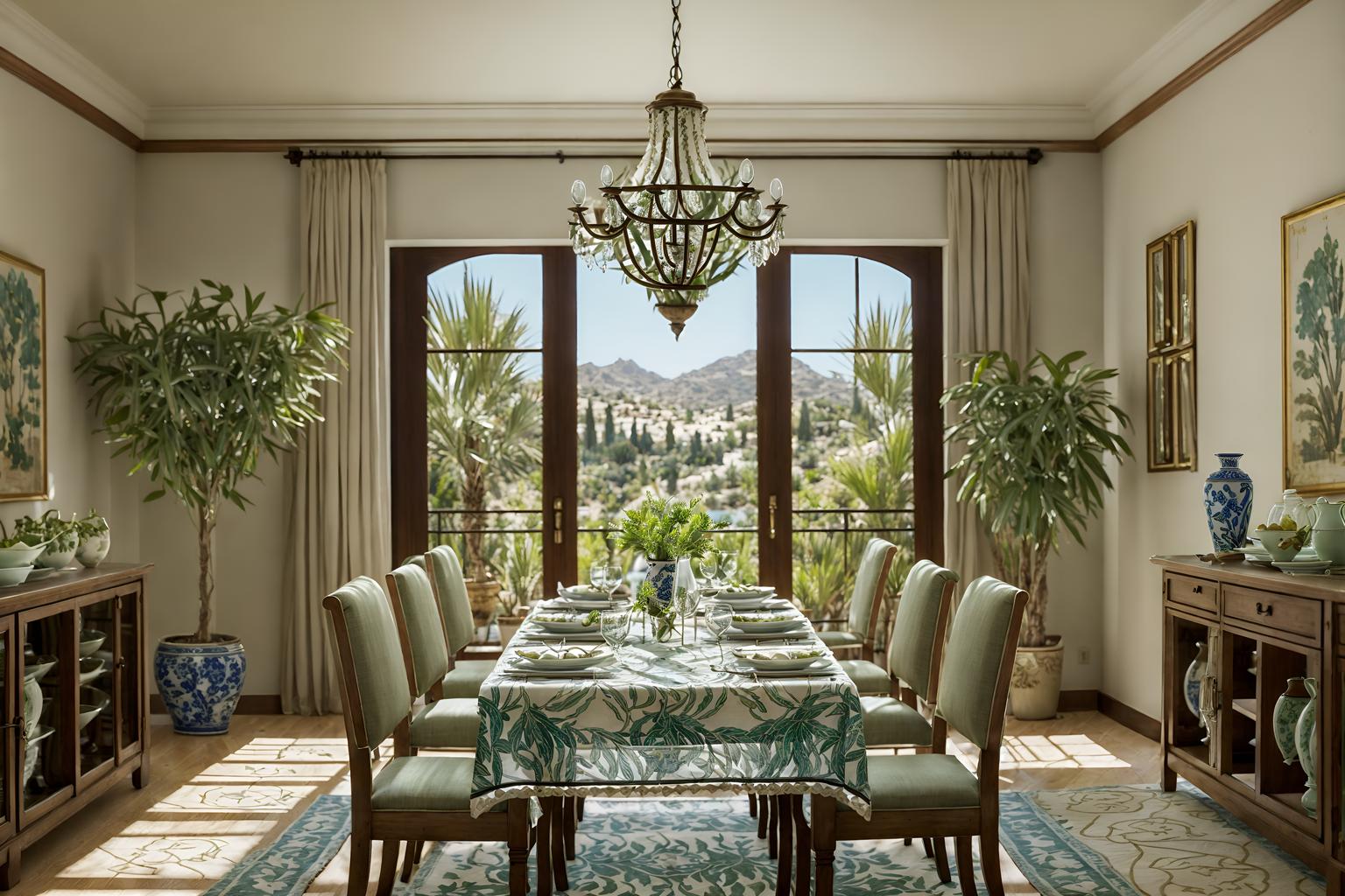 mediterranean-style (dining room interior) with vase and plates, cutlery and glasses on dining table and table cloth and dining table chairs and plant and light or chandelier and painting or photo on wall and dining table. . . cinematic photo, highly detailed, cinematic lighting, ultra-detailed, ultrarealistic, photorealism, 8k. mediterranean interior design style. masterpiece, cinematic light, ultrarealistic+, photorealistic+, 8k, raw photo, realistic, sharp focus on eyes, (symmetrical eyes), (intact eyes), hyperrealistic, highest quality, best quality, , highly detailed, masterpiece, best quality, extremely detailed 8k wallpaper, masterpiece, best quality, ultra-detailed, best shadow, detailed background, detailed face, detailed eyes, high contrast, best illumination, detailed face, dulux, caustic, dynamic angle, detailed glow. dramatic lighting. highly detailed, insanely detailed hair, symmetrical, intricate details, professionally retouched, 8k high definition. strong bokeh. award winning photo.