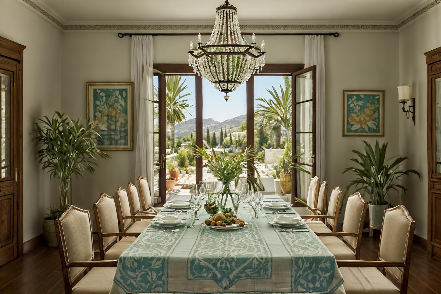 mediterranean-style (dining room interior) with vase and plates, cutlery and glasses on dining table and table cloth and dining table chairs and plant and light or chandelier and painting or photo on wall and dining table. . . cinematic photo, highly detailed, cinematic lighting, ultra-detailed, ultrarealistic, photorealism, 8k. mediterranean interior design style. masterpiece, cinematic light, ultrarealistic+, photorealistic+, 8k, raw photo, realistic, sharp focus on eyes, (symmetrical eyes), (intact eyes), hyperrealistic, highest quality, best quality, , highly detailed, masterpiece, best quality, extremely detailed 8k wallpaper, masterpiece, best quality, ultra-detailed, best shadow, detailed background, detailed face, detailed eyes, high contrast, best illumination, detailed face, dulux, caustic, dynamic angle, detailed glow. dramatic lighting. highly detailed, insanely detailed hair, symmetrical, intricate details, professionally retouched, 8k high definition. strong bokeh. award winning photo.
