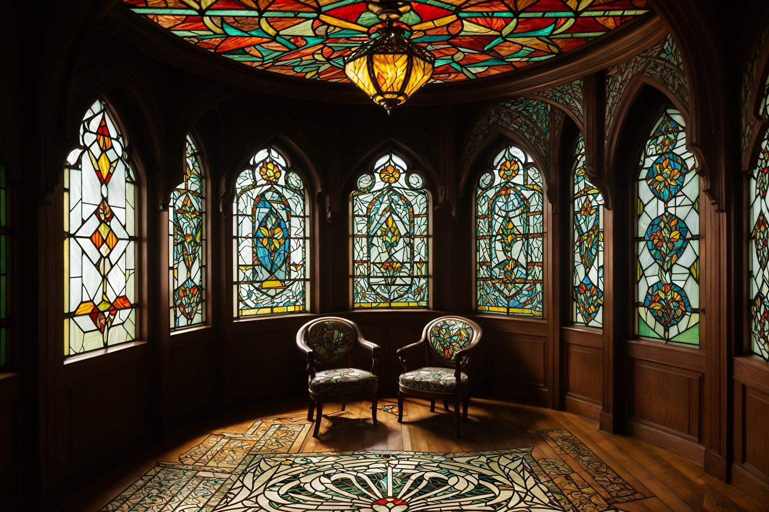 art nouveau-style (attic interior) . with stained glass and wallpaper patterns of stylized flowers and mosaics and arches and curved forms and stained glass and curving, plant-like embellishments and asymmetrical shapes and wallpaper pattners of spider webs. . cinematic photo, highly detailed, cinematic lighting, ultra-detailed, ultrarealistic, photorealism, 8k. art nouveau interior design style. masterpiece, cinematic light, ultrarealistic+, photorealistic+, 8k, raw photo, realistic, sharp focus on eyes, (symmetrical eyes), (intact eyes), hyperrealistic, highest quality, best quality, , highly detailed, masterpiece, best quality, extremely detailed 8k wallpaper, masterpiece, best quality, ultra-detailed, best shadow, detailed background, detailed face, detailed eyes, high contrast, best illumination, detailed face, dulux, caustic, dynamic angle, detailed glow. dramatic lighting. highly detailed, insanely detailed hair, symmetrical, intricate details, professionally retouched, 8k high definition. strong bokeh. award winning photo.