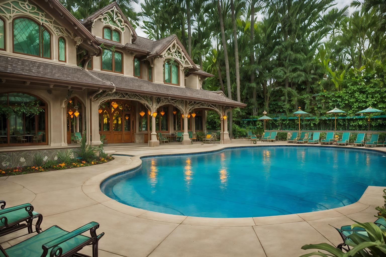 art nouveau-style designed (outdoor pool area ) with pool lights and pool and pool lounge chairs and pool lights. . with stained glass and curving, plant-like embellishments and wallpaper pattners of spider webs and soft, rounded lines and stained glass and arches and curved forms and natural materials and wallpaper patterns of stylized flowers. . cinematic photo, highly detailed, cinematic lighting, ultra-detailed, ultrarealistic, photorealism, 8k. art nouveau design style. masterpiece, cinematic light, ultrarealistic+, photorealistic+, 8k, raw photo, realistic, sharp focus on eyes, (symmetrical eyes), (intact eyes), hyperrealistic, highest quality, best quality, , highly detailed, masterpiece, best quality, extremely detailed 8k wallpaper, masterpiece, best quality, ultra-detailed, best shadow, detailed background, detailed face, detailed eyes, high contrast, best illumination, detailed face, dulux, caustic, dynamic angle, detailed glow. dramatic lighting. highly detailed, insanely detailed hair, symmetrical, intricate details, professionally retouched, 8k high definition. strong bokeh. award winning photo.