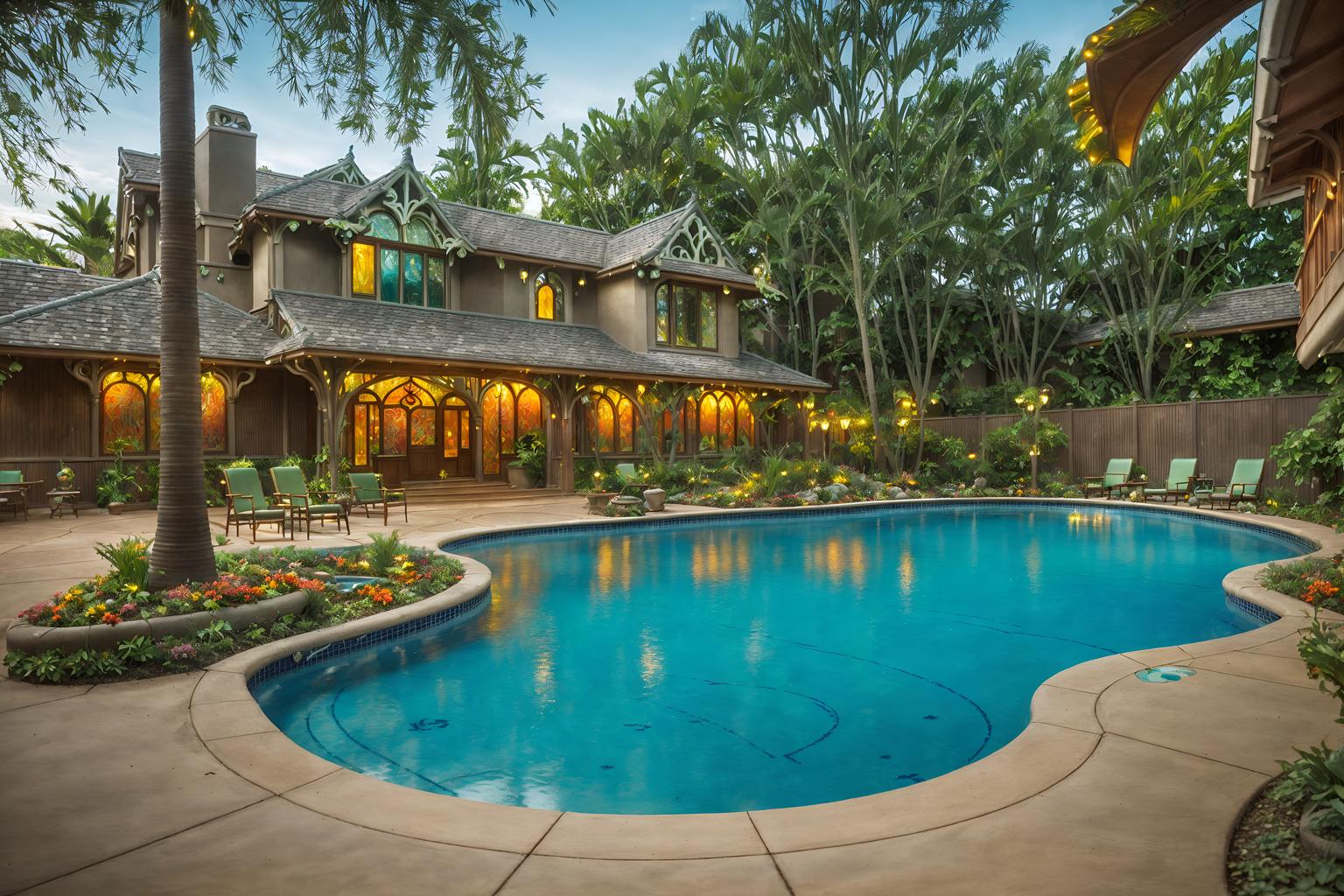 art nouveau-style designed (outdoor pool area ) with pool lights and pool and pool lounge chairs and pool lights. . with stained glass and curving, plant-like embellishments and wallpaper pattners of spider webs and soft, rounded lines and stained glass and arches and curved forms and natural materials and wallpaper patterns of stylized flowers. . cinematic photo, highly detailed, cinematic lighting, ultra-detailed, ultrarealistic, photorealism, 8k. art nouveau design style. masterpiece, cinematic light, ultrarealistic+, photorealistic+, 8k, raw photo, realistic, sharp focus on eyes, (symmetrical eyes), (intact eyes), hyperrealistic, highest quality, best quality, , highly detailed, masterpiece, best quality, extremely detailed 8k wallpaper, masterpiece, best quality, ultra-detailed, best shadow, detailed background, detailed face, detailed eyes, high contrast, best illumination, detailed face, dulux, caustic, dynamic angle, detailed glow. dramatic lighting. highly detailed, insanely detailed hair, symmetrical, intricate details, professionally retouched, 8k high definition. strong bokeh. award winning photo.