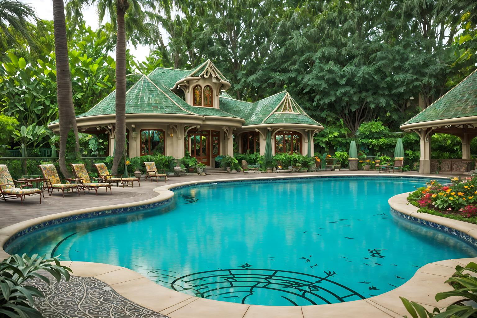 art nouveau-style designed (outdoor pool area ) with pool lights and pool and pool lounge chairs and pool lights. . with stained glass and curving, plant-like embellishments and wallpaper pattners of spider webs and soft, rounded lines and stained glass and arches and curved forms and natural materials and wallpaper patterns of stylized flowers. . cinematic photo, highly detailed, cinematic lighting, ultra-detailed, ultrarealistic, photorealism, 8k. art nouveau design style. masterpiece, cinematic light, ultrarealistic+, photorealistic+, 8k, raw photo, realistic, sharp focus on eyes, (symmetrical eyes), (intact eyes), hyperrealistic, highest quality, best quality, , highly detailed, masterpiece, best quality, extremely detailed 8k wallpaper, masterpiece, best quality, ultra-detailed, best shadow, detailed background, detailed face, detailed eyes, high contrast, best illumination, detailed face, dulux, caustic, dynamic angle, detailed glow. dramatic lighting. highly detailed, insanely detailed hair, symmetrical, intricate details, professionally retouched, 8k high definition. strong bokeh. award winning photo.