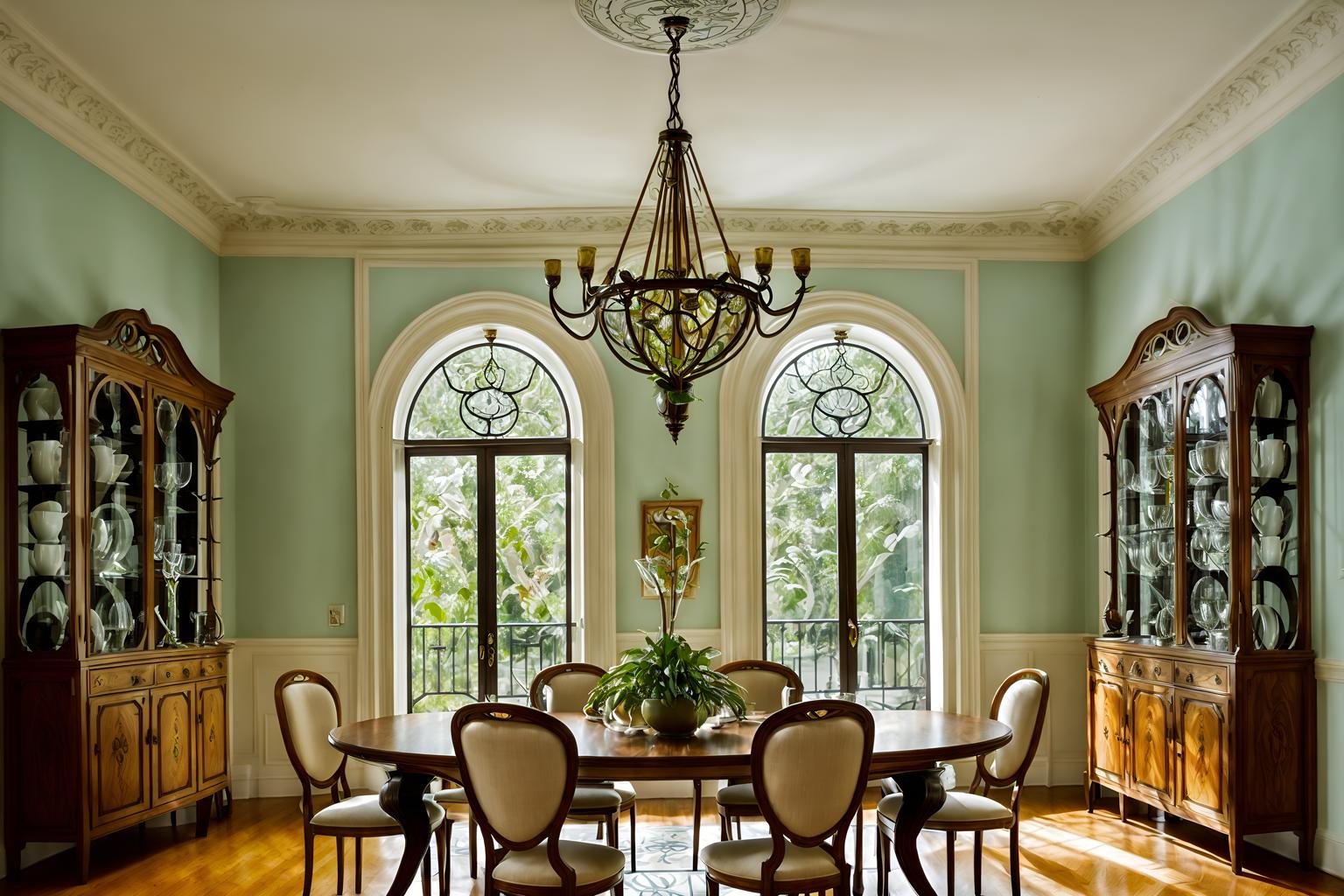 art nouveau-style (dining room interior) with dining table chairs and bookshelves and plates, cutlery and glasses on dining table and plant and vase and painting or photo on wall and table cloth and light or chandelier. . with arches and curved forms and natural materials and curving, plant-like embellishments and asymmetrical shapes and soft, rounded lines and ashy colors and stained glass and wallpaper patterns of feathers. . cinematic photo, highly detailed, cinematic lighting, ultra-detailed, ultrarealistic, photorealism, 8k. art nouveau interior design style. masterpiece, cinematic light, ultrarealistic+, photorealistic+, 8k, raw photo, realistic, sharp focus on eyes, (symmetrical eyes), (intact eyes), hyperrealistic, highest quality, best quality, , highly detailed, masterpiece, best quality, extremely detailed 8k wallpaper, masterpiece, best quality, ultra-detailed, best shadow, detailed background, detailed face, detailed eyes, high contrast, best illumination, detailed face, dulux, caustic, dynamic angle, detailed glow. dramatic lighting. highly detailed, insanely detailed hair, symmetrical, intricate details, professionally retouched, 8k high definition. strong bokeh. award winning photo.