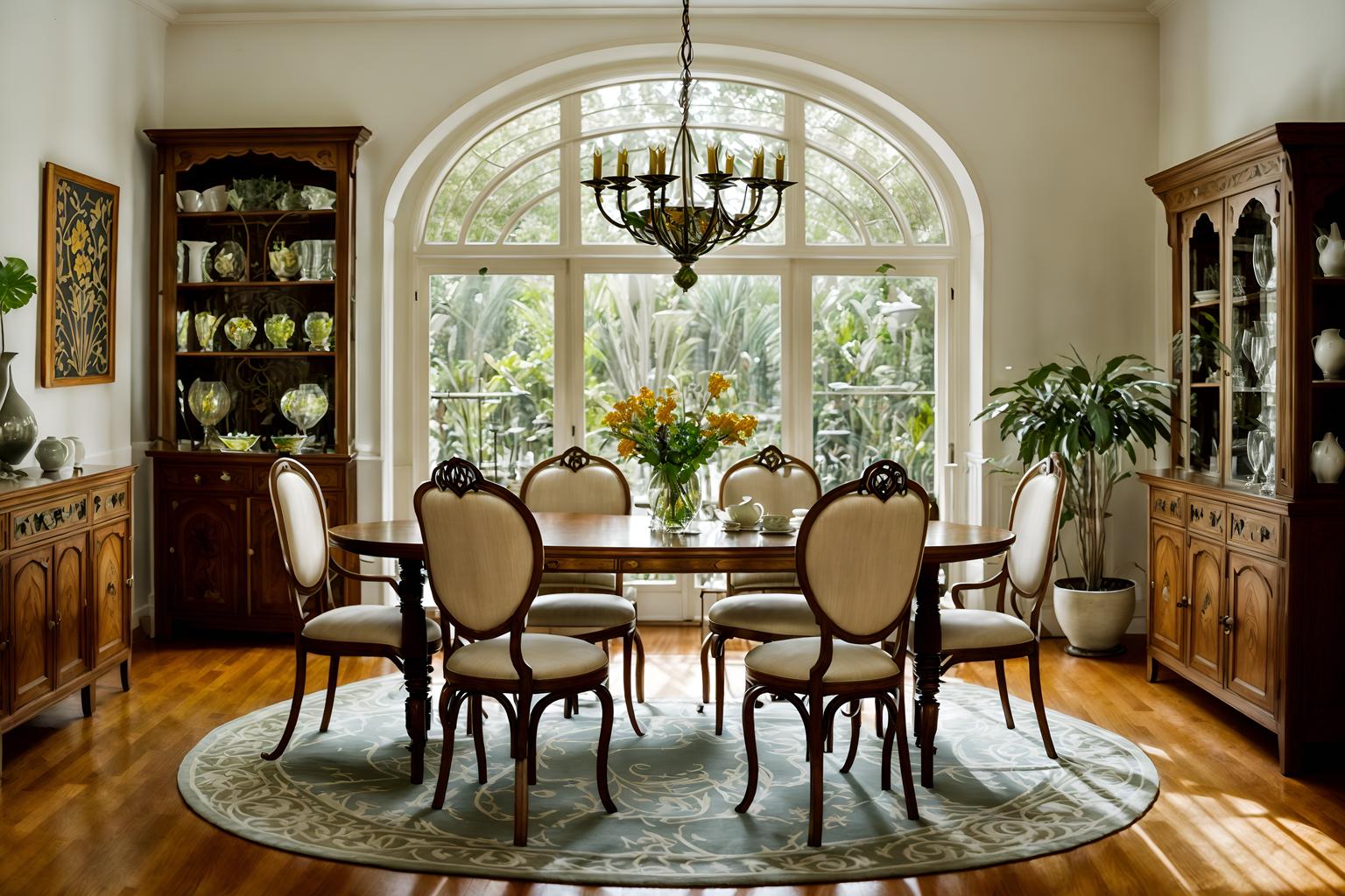 art nouveau-style (dining room interior) with dining table chairs and bookshelves and plates, cutlery and glasses on dining table and plant and vase and painting or photo on wall and table cloth and light or chandelier. . with arches and curved forms and natural materials and curving, plant-like embellishments and asymmetrical shapes and soft, rounded lines and ashy colors and stained glass and wallpaper patterns of feathers. . cinematic photo, highly detailed, cinematic lighting, ultra-detailed, ultrarealistic, photorealism, 8k. art nouveau interior design style. masterpiece, cinematic light, ultrarealistic+, photorealistic+, 8k, raw photo, realistic, sharp focus on eyes, (symmetrical eyes), (intact eyes), hyperrealistic, highest quality, best quality, , highly detailed, masterpiece, best quality, extremely detailed 8k wallpaper, masterpiece, best quality, ultra-detailed, best shadow, detailed background, detailed face, detailed eyes, high contrast, best illumination, detailed face, dulux, caustic, dynamic angle, detailed glow. dramatic lighting. highly detailed, insanely detailed hair, symmetrical, intricate details, professionally retouched, 8k high definition. strong bokeh. award winning photo.