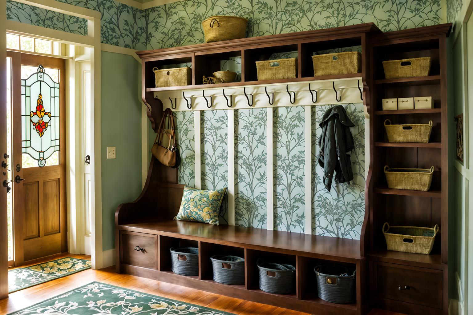 art nouveau-style (mudroom interior) with wall hooks for coats and high up storage and storage drawers and shelves for shoes and storage baskets and cubbies and a bench and cabinets. . with japanese motifs and wallpaper pattners of spider webs and stained glass and curving, plant-like embellishments and ashy colors and curved glass and asymmetrical shapes and wallpaper patterns of feathers. . cinematic photo, highly detailed, cinematic lighting, ultra-detailed, ultrarealistic, photorealism, 8k. art nouveau interior design style. masterpiece, cinematic light, ultrarealistic+, photorealistic+, 8k, raw photo, realistic, sharp focus on eyes, (symmetrical eyes), (intact eyes), hyperrealistic, highest quality, best quality, , highly detailed, masterpiece, best quality, extremely detailed 8k wallpaper, masterpiece, best quality, ultra-detailed, best shadow, detailed background, detailed face, detailed eyes, high contrast, best illumination, detailed face, dulux, caustic, dynamic angle, detailed glow. dramatic lighting. highly detailed, insanely detailed hair, symmetrical, intricate details, professionally retouched, 8k high definition. strong bokeh. award winning photo.