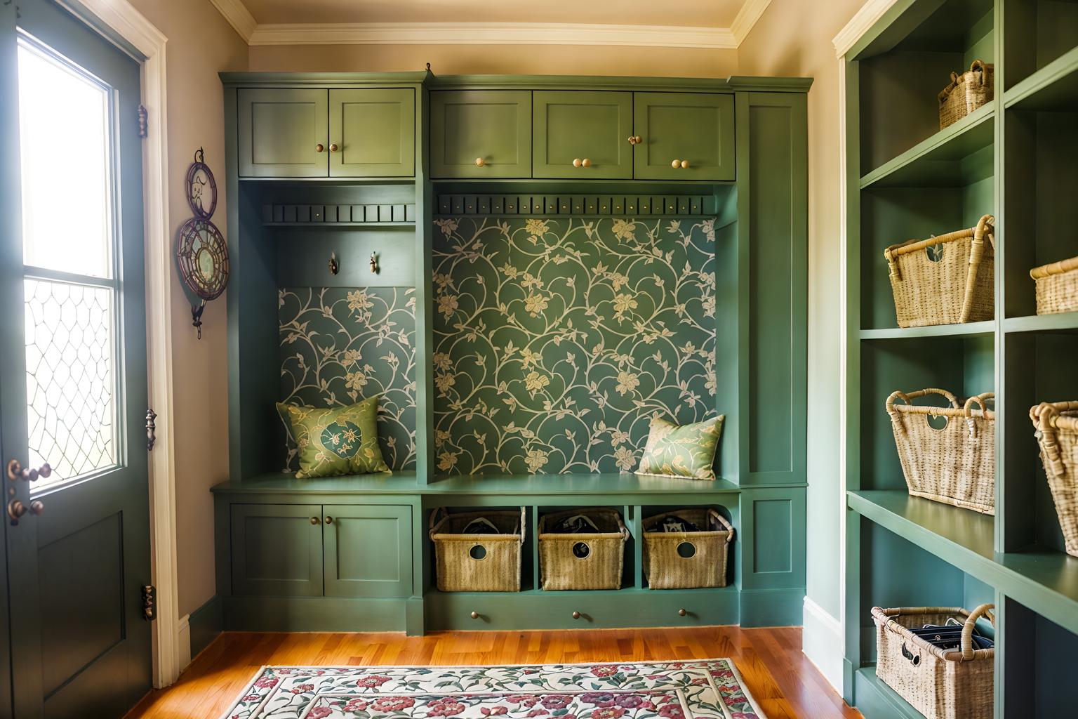 art nouveau-style (mudroom interior) with wall hooks for coats and high up storage and storage drawers and shelves for shoes and storage baskets and cubbies and a bench and cabinets. . with japanese motifs and wallpaper pattners of spider webs and stained glass and curving, plant-like embellishments and ashy colors and curved glass and asymmetrical shapes and wallpaper patterns of feathers. . cinematic photo, highly detailed, cinematic lighting, ultra-detailed, ultrarealistic, photorealism, 8k. art nouveau interior design style. masterpiece, cinematic light, ultrarealistic+, photorealistic+, 8k, raw photo, realistic, sharp focus on eyes, (symmetrical eyes), (intact eyes), hyperrealistic, highest quality, best quality, , highly detailed, masterpiece, best quality, extremely detailed 8k wallpaper, masterpiece, best quality, ultra-detailed, best shadow, detailed background, detailed face, detailed eyes, high contrast, best illumination, detailed face, dulux, caustic, dynamic angle, detailed glow. dramatic lighting. highly detailed, insanely detailed hair, symmetrical, intricate details, professionally retouched, 8k high definition. strong bokeh. award winning photo.