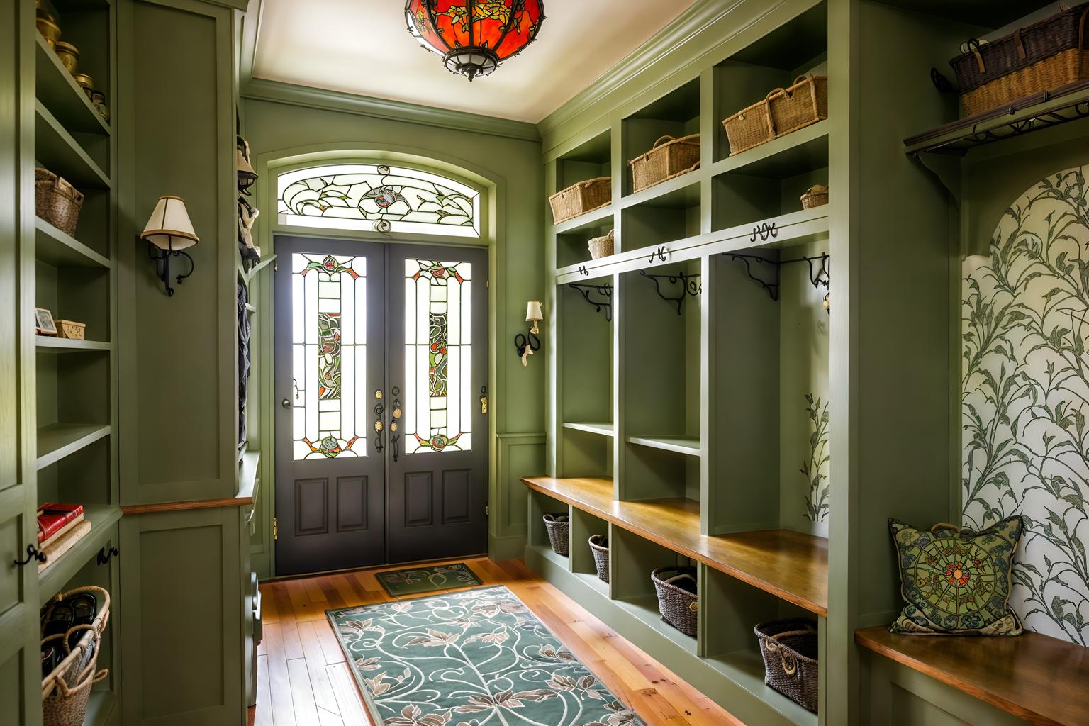 art nouveau-style (mudroom interior) with wall hooks for coats and high up storage and storage drawers and shelves for shoes and storage baskets and cubbies and a bench and cabinets. . with japanese motifs and wallpaper pattners of spider webs and stained glass and curving, plant-like embellishments and ashy colors and curved glass and asymmetrical shapes and wallpaper patterns of feathers. . cinematic photo, highly detailed, cinematic lighting, ultra-detailed, ultrarealistic, photorealism, 8k. art nouveau interior design style. masterpiece, cinematic light, ultrarealistic+, photorealistic+, 8k, raw photo, realistic, sharp focus on eyes, (symmetrical eyes), (intact eyes), hyperrealistic, highest quality, best quality, , highly detailed, masterpiece, best quality, extremely detailed 8k wallpaper, masterpiece, best quality, ultra-detailed, best shadow, detailed background, detailed face, detailed eyes, high contrast, best illumination, detailed face, dulux, caustic, dynamic angle, detailed glow. dramatic lighting. highly detailed, insanely detailed hair, symmetrical, intricate details, professionally retouched, 8k high definition. strong bokeh. award winning photo.