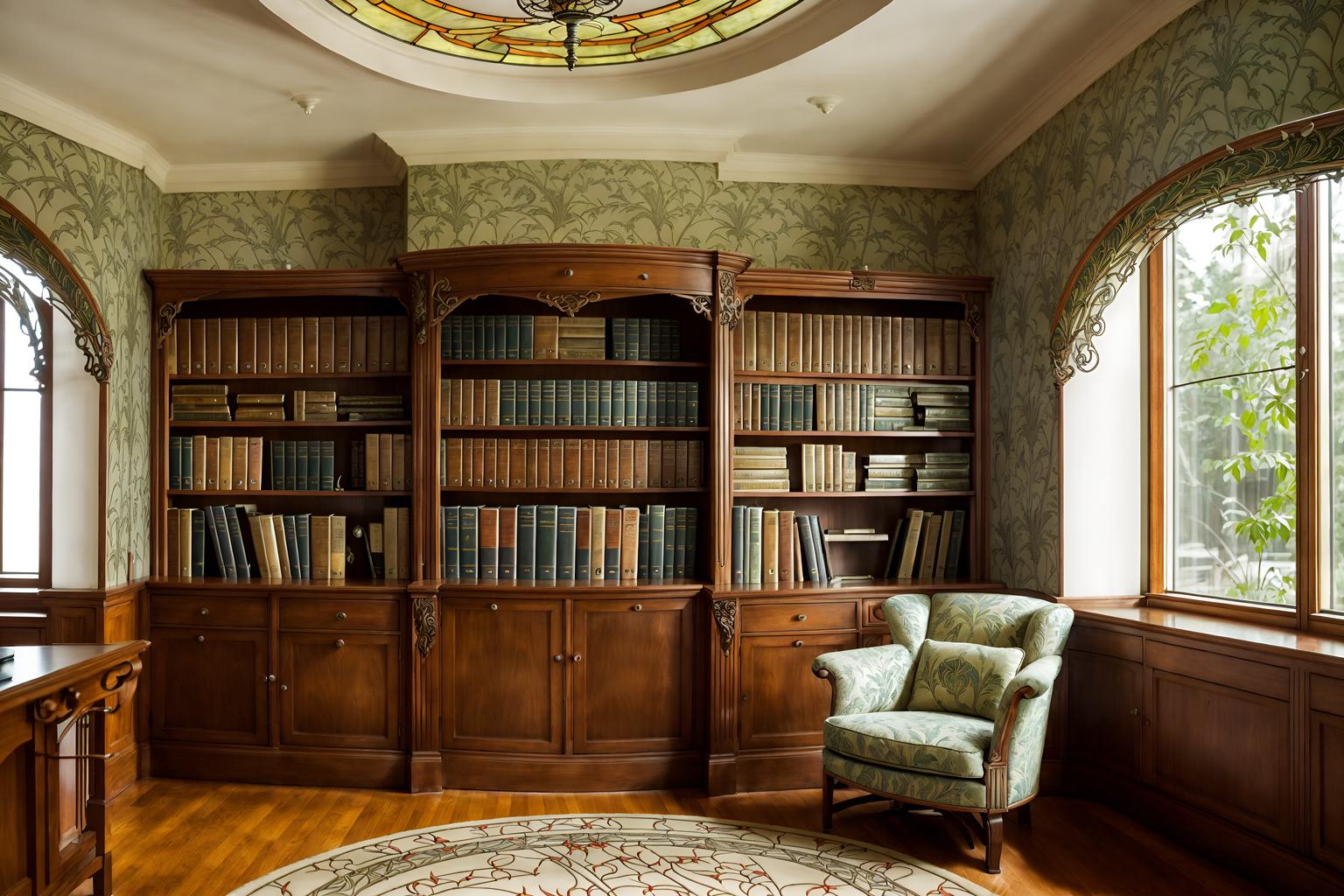 art nouveau-style (study room interior) with bookshelves and office chair and plant and desk lamp and lounge chair and cabinets and writing desk and bookshelves. . with arches and curved forms and curving, plant-like embellishments and soft, rounded lines and stained glass and wallpaper pattners of spider webs and wallpaper patterns of feathers and curved glass and stained glass. . cinematic photo, highly detailed, cinematic lighting, ultra-detailed, ultrarealistic, photorealism, 8k. art nouveau interior design style. masterpiece, cinematic light, ultrarealistic+, photorealistic+, 8k, raw photo, realistic, sharp focus on eyes, (symmetrical eyes), (intact eyes), hyperrealistic, highest quality, best quality, , highly detailed, masterpiece, best quality, extremely detailed 8k wallpaper, masterpiece, best quality, ultra-detailed, best shadow, detailed background, detailed face, detailed eyes, high contrast, best illumination, detailed face, dulux, caustic, dynamic angle, detailed glow. dramatic lighting. highly detailed, insanely detailed hair, symmetrical, intricate details, professionally retouched, 8k high definition. strong bokeh. award winning photo.