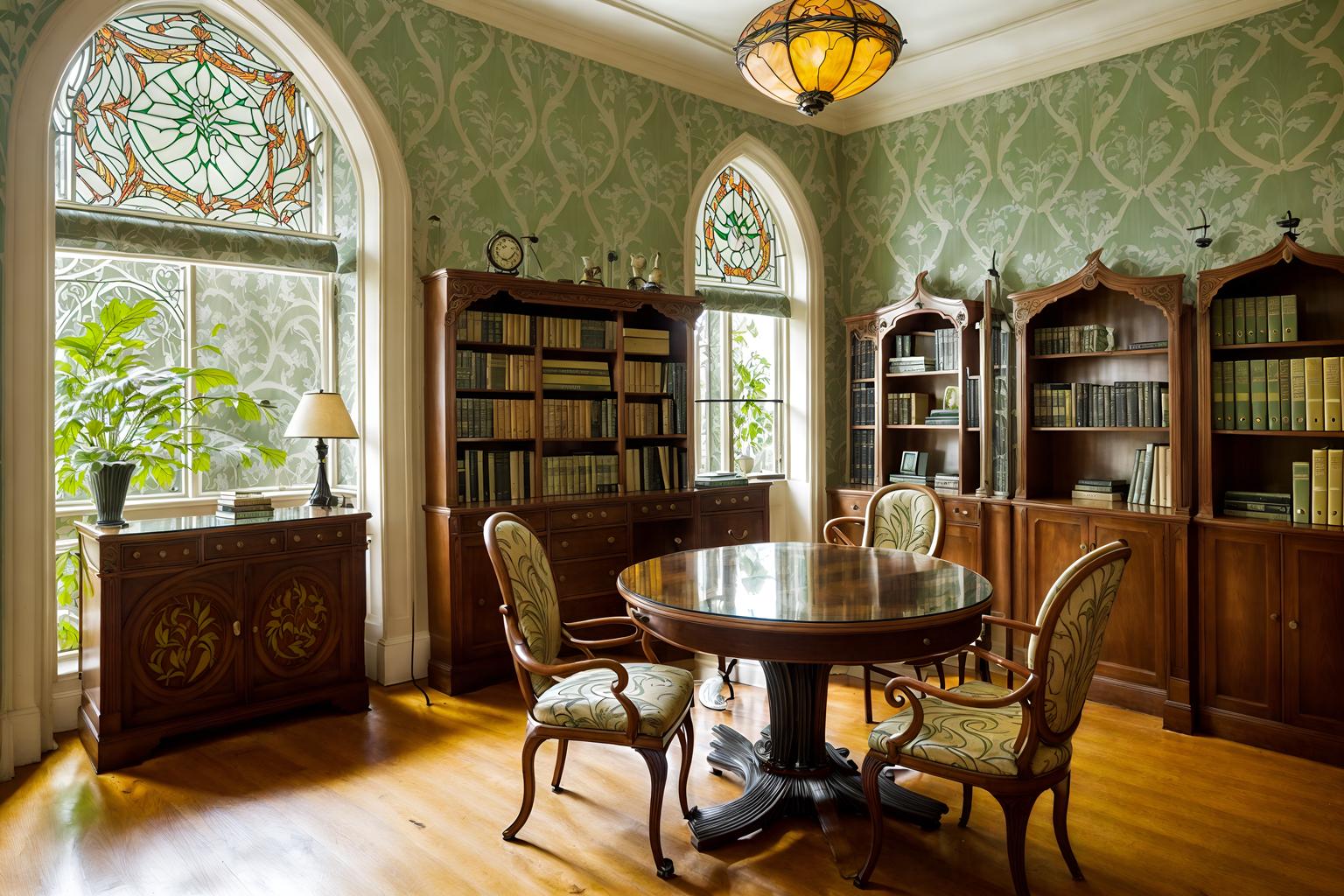 art nouveau-style (study room interior) with bookshelves and office chair and plant and desk lamp and lounge chair and cabinets and writing desk and bookshelves. . with arches and curved forms and curving, plant-like embellishments and soft, rounded lines and stained glass and wallpaper pattners of spider webs and wallpaper patterns of feathers and curved glass and stained glass. . cinematic photo, highly detailed, cinematic lighting, ultra-detailed, ultrarealistic, photorealism, 8k. art nouveau interior design style. masterpiece, cinematic light, ultrarealistic+, photorealistic+, 8k, raw photo, realistic, sharp focus on eyes, (symmetrical eyes), (intact eyes), hyperrealistic, highest quality, best quality, , highly detailed, masterpiece, best quality, extremely detailed 8k wallpaper, masterpiece, best quality, ultra-detailed, best shadow, detailed background, detailed face, detailed eyes, high contrast, best illumination, detailed face, dulux, caustic, dynamic angle, detailed glow. dramatic lighting. highly detailed, insanely detailed hair, symmetrical, intricate details, professionally retouched, 8k high definition. strong bokeh. award winning photo.