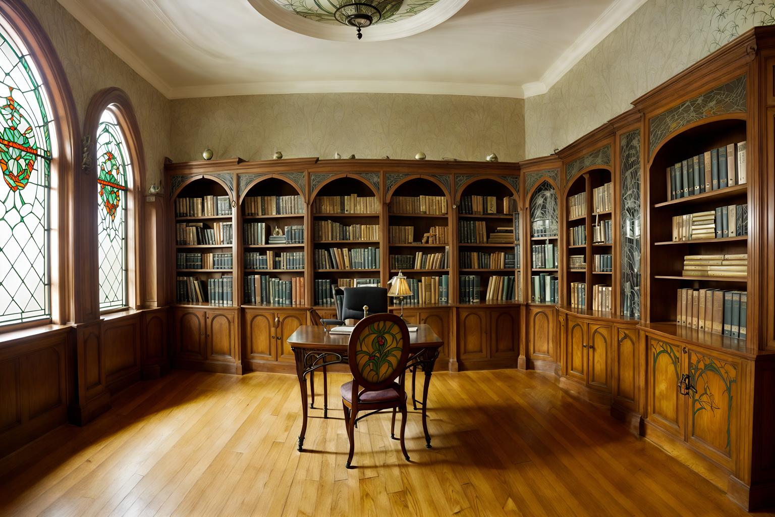 art nouveau-style (study room interior) with bookshelves and office chair and plant and desk lamp and lounge chair and cabinets and writing desk and bookshelves. . with arches and curved forms and curving, plant-like embellishments and soft, rounded lines and stained glass and wallpaper pattners of spider webs and wallpaper patterns of feathers and curved glass and stained glass. . cinematic photo, highly detailed, cinematic lighting, ultra-detailed, ultrarealistic, photorealism, 8k. art nouveau interior design style. masterpiece, cinematic light, ultrarealistic+, photorealistic+, 8k, raw photo, realistic, sharp focus on eyes, (symmetrical eyes), (intact eyes), hyperrealistic, highest quality, best quality, , highly detailed, masterpiece, best quality, extremely detailed 8k wallpaper, masterpiece, best quality, ultra-detailed, best shadow, detailed background, detailed face, detailed eyes, high contrast, best illumination, detailed face, dulux, caustic, dynamic angle, detailed glow. dramatic lighting. highly detailed, insanely detailed hair, symmetrical, intricate details, professionally retouched, 8k high definition. strong bokeh. award winning photo.