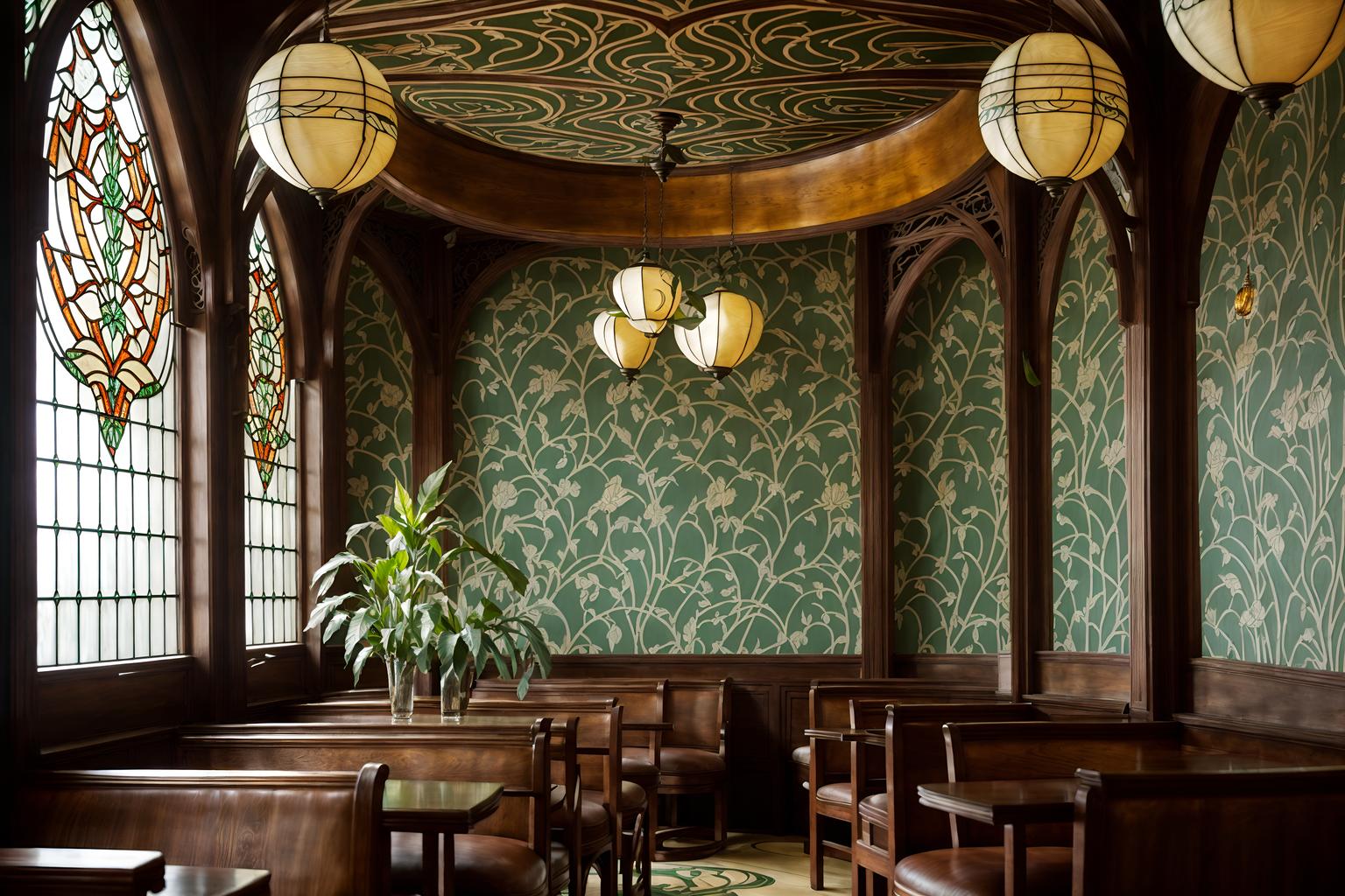 art nouveau-style (coffee shop interior) . with curving, plant-like embellishments and arches and curved forms and soft, rounded lines and asymmetrical shapes and wallpaper patterns of feathers and japanese motifs and stained glass and wallpaper pattners of spider webs. . cinematic photo, highly detailed, cinematic lighting, ultra-detailed, ultrarealistic, photorealism, 8k. art nouveau interior design style. masterpiece, cinematic light, ultrarealistic+, photorealistic+, 8k, raw photo, realistic, sharp focus on eyes, (symmetrical eyes), (intact eyes), hyperrealistic, highest quality, best quality, , highly detailed, masterpiece, best quality, extremely detailed 8k wallpaper, masterpiece, best quality, ultra-detailed, best shadow, detailed background, detailed face, detailed eyes, high contrast, best illumination, detailed face, dulux, caustic, dynamic angle, detailed glow. dramatic lighting. highly detailed, insanely detailed hair, symmetrical, intricate details, professionally retouched, 8k high definition. strong bokeh. award winning photo.