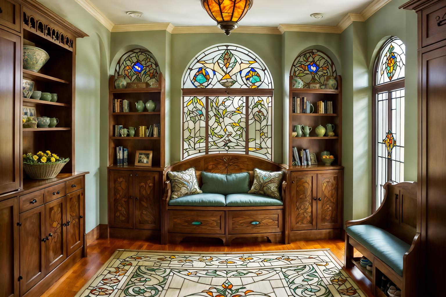 art nouveau-style (drop zone interior) with cabinets and high up storage and storage drawers and storage baskets and cubbies and shelves for shoes and wall hooks for coats and a bench. . with stained glass and soft, rounded lines and arches and curved forms and stained glass and ashy colors and wallpaper patterns of stylized flowers and asymmetrical shapes and natural materials. . cinematic photo, highly detailed, cinematic lighting, ultra-detailed, ultrarealistic, photorealism, 8k. art nouveau interior design style. masterpiece, cinematic light, ultrarealistic+, photorealistic+, 8k, raw photo, realistic, sharp focus on eyes, (symmetrical eyes), (intact eyes), hyperrealistic, highest quality, best quality, , highly detailed, masterpiece, best quality, extremely detailed 8k wallpaper, masterpiece, best quality, ultra-detailed, best shadow, detailed background, detailed face, detailed eyes, high contrast, best illumination, detailed face, dulux, caustic, dynamic angle, detailed glow. dramatic lighting. highly detailed, insanely detailed hair, symmetrical, intricate details, professionally retouched, 8k high definition. strong bokeh. award winning photo.