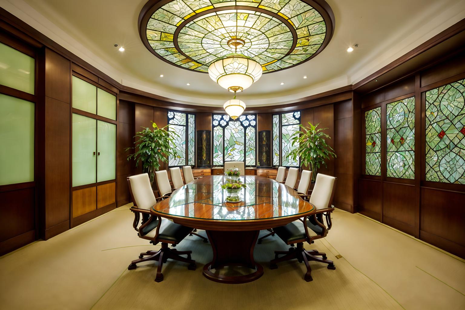 art nouveau-style (meeting room interior) with office chairs and boardroom table and vase and glass doors and plant and cabinets and painting or photo on wall and glass walls. . with curved glass and asymmetrical shapes and mosaics and japanese motifs and soft, rounded lines and curving, plant-like embellishments and natural materials and stained glass. . cinematic photo, highly detailed, cinematic lighting, ultra-detailed, ultrarealistic, photorealism, 8k. art nouveau interior design style. masterpiece, cinematic light, ultrarealistic+, photorealistic+, 8k, raw photo, realistic, sharp focus on eyes, (symmetrical eyes), (intact eyes), hyperrealistic, highest quality, best quality, , highly detailed, masterpiece, best quality, extremely detailed 8k wallpaper, masterpiece, best quality, ultra-detailed, best shadow, detailed background, detailed face, detailed eyes, high contrast, best illumination, detailed face, dulux, caustic, dynamic angle, detailed glow. dramatic lighting. highly detailed, insanely detailed hair, symmetrical, intricate details, professionally retouched, 8k high definition. strong bokeh. award winning photo.