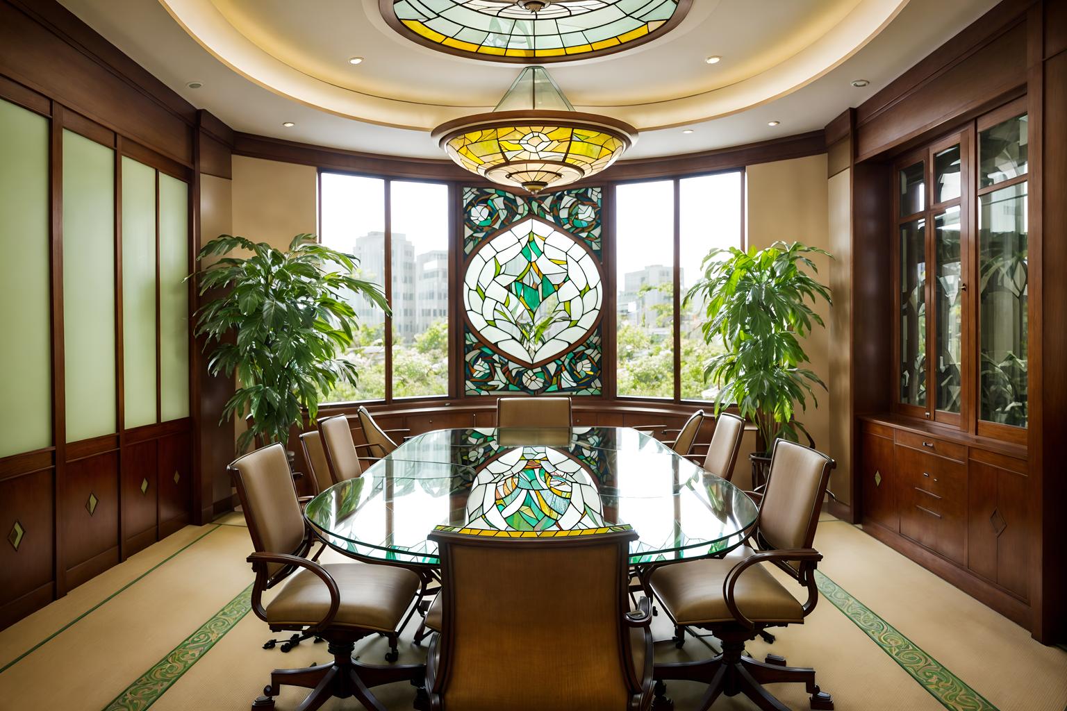 art nouveau-style (meeting room interior) with office chairs and boardroom table and vase and glass doors and plant and cabinets and painting or photo on wall and glass walls. . with curved glass and asymmetrical shapes and mosaics and japanese motifs and soft, rounded lines and curving, plant-like embellishments and natural materials and stained glass. . cinematic photo, highly detailed, cinematic lighting, ultra-detailed, ultrarealistic, photorealism, 8k. art nouveau interior design style. masterpiece, cinematic light, ultrarealistic+, photorealistic+, 8k, raw photo, realistic, sharp focus on eyes, (symmetrical eyes), (intact eyes), hyperrealistic, highest quality, best quality, , highly detailed, masterpiece, best quality, extremely detailed 8k wallpaper, masterpiece, best quality, ultra-detailed, best shadow, detailed background, detailed face, detailed eyes, high contrast, best illumination, detailed face, dulux, caustic, dynamic angle, detailed glow. dramatic lighting. highly detailed, insanely detailed hair, symmetrical, intricate details, professionally retouched, 8k high definition. strong bokeh. award winning photo.