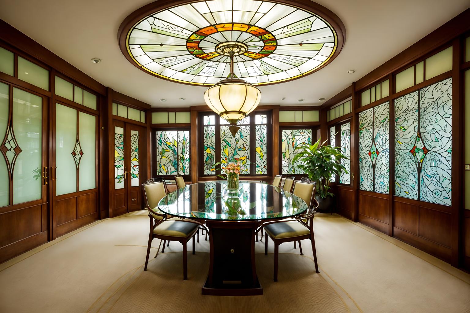 art nouveau-style (meeting room interior) with office chairs and boardroom table and vase and glass doors and plant and cabinets and painting or photo on wall and glass walls. . with curved glass and asymmetrical shapes and mosaics and japanese motifs and soft, rounded lines and curving, plant-like embellishments and natural materials and stained glass. . cinematic photo, highly detailed, cinematic lighting, ultra-detailed, ultrarealistic, photorealism, 8k. art nouveau interior design style. masterpiece, cinematic light, ultrarealistic+, photorealistic+, 8k, raw photo, realistic, sharp focus on eyes, (symmetrical eyes), (intact eyes), hyperrealistic, highest quality, best quality, , highly detailed, masterpiece, best quality, extremely detailed 8k wallpaper, masterpiece, best quality, ultra-detailed, best shadow, detailed background, detailed face, detailed eyes, high contrast, best illumination, detailed face, dulux, caustic, dynamic angle, detailed glow. dramatic lighting. highly detailed, insanely detailed hair, symmetrical, intricate details, professionally retouched, 8k high definition. strong bokeh. award winning photo.