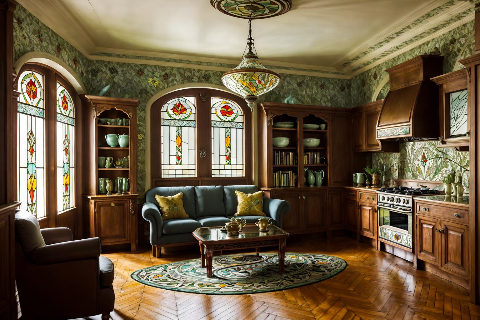 art nouveau-style (kitchen living combo interior) with stove and furniture and bookshelves and sofa and worktops and occasional tables and televisions and plant. . with asymmetrical shapes and mosaics and stained glass and ashy colors and stained glass and wallpaper patterns of feathers and curved glass and wallpaper patterns of stylized flowers. . cinematic photo, highly detailed, cinematic lighting, ultra-detailed, ultrarealistic, photorealism, 8k. art nouveau interior design style. masterpiece, cinematic light, ultrarealistic+, photorealistic+, 8k, raw photo, realistic, sharp focus on eyes, (symmetrical eyes), (intact eyes), hyperrealistic, highest quality, best quality, , highly detailed, masterpiece, best quality, extremely detailed 8k wallpaper, masterpiece, best quality, ultra-detailed, best shadow, detailed background, detailed face, detailed eyes, high contrast, best illumination, detailed face, dulux, caustic, dynamic angle, detailed glow. dramatic lighting. highly detailed, insanely detailed hair, symmetrical, intricate details, professionally retouched, 8k high definition. strong bokeh. award winning photo.