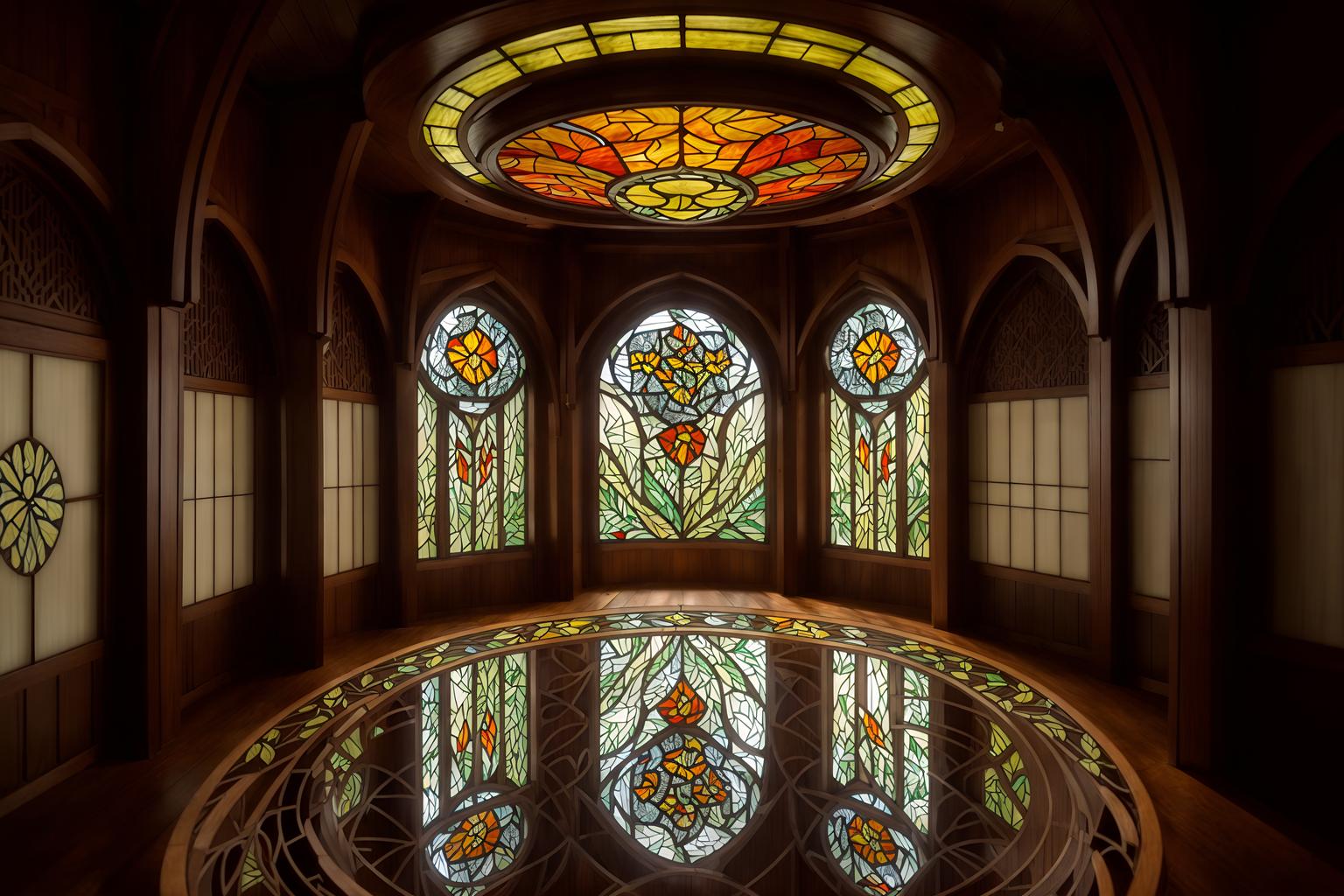 art nouveau-style (onsen interior) . with arches and curved forms and wallpaper patterns of stylized flowers and asymmetrical shapes and curved glass and stained glass and mosaics and soft, rounded lines and stained glass. . cinematic photo, highly detailed, cinematic lighting, ultra-detailed, ultrarealistic, photorealism, 8k. art nouveau interior design style. masterpiece, cinematic light, ultrarealistic+, photorealistic+, 8k, raw photo, realistic, sharp focus on eyes, (symmetrical eyes), (intact eyes), hyperrealistic, highest quality, best quality, , highly detailed, masterpiece, best quality, extremely detailed 8k wallpaper, masterpiece, best quality, ultra-detailed, best shadow, detailed background, detailed face, detailed eyes, high contrast, best illumination, detailed face, dulux, caustic, dynamic angle, detailed glow. dramatic lighting. highly detailed, insanely detailed hair, symmetrical, intricate details, professionally retouched, 8k high definition. strong bokeh. award winning photo.