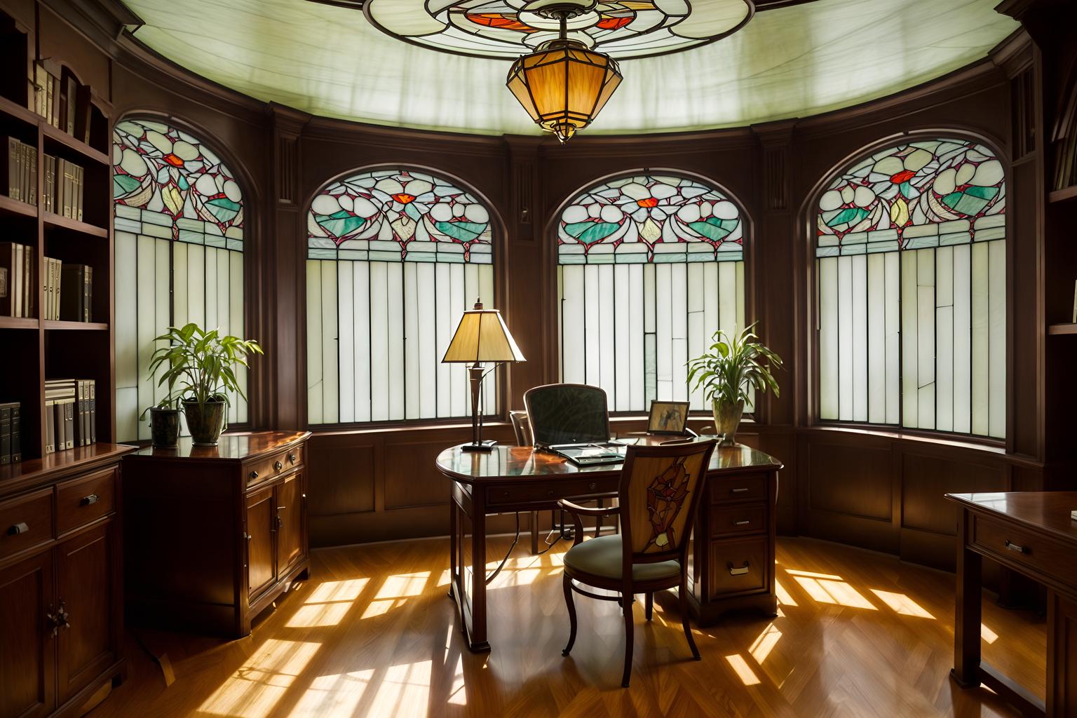 art nouveau-style (home office interior) with desk lamp and cabinets and computer desk and plant and office chair and desk lamp. . with stained glass and asymmetrical shapes and soft, rounded lines and japanese motifs and wallpaper pattners of spider webs and mosaics and stained glass and curved glass. . cinematic photo, highly detailed, cinematic lighting, ultra-detailed, ultrarealistic, photorealism, 8k. art nouveau interior design style. masterpiece, cinematic light, ultrarealistic+, photorealistic+, 8k, raw photo, realistic, sharp focus on eyes, (symmetrical eyes), (intact eyes), hyperrealistic, highest quality, best quality, , highly detailed, masterpiece, best quality, extremely detailed 8k wallpaper, masterpiece, best quality, ultra-detailed, best shadow, detailed background, detailed face, detailed eyes, high contrast, best illumination, detailed face, dulux, caustic, dynamic angle, detailed glow. dramatic lighting. highly detailed, insanely detailed hair, symmetrical, intricate details, professionally retouched, 8k high definition. strong bokeh. award winning photo.