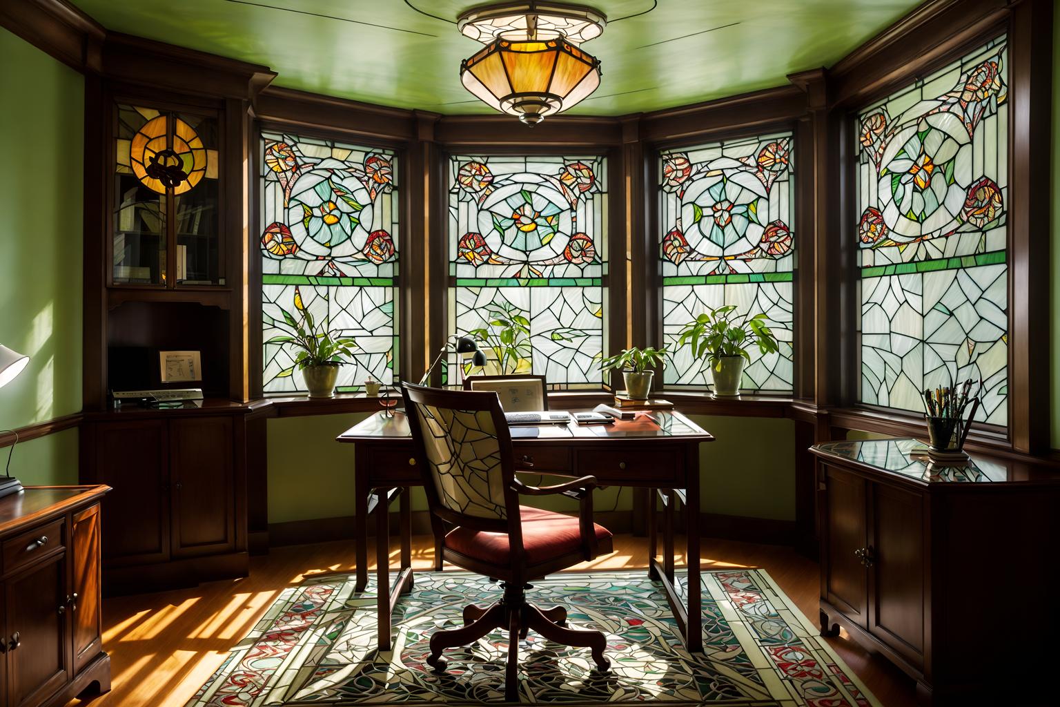 art nouveau-style (home office interior) with desk lamp and cabinets and computer desk and plant and office chair and desk lamp. . with stained glass and asymmetrical shapes and soft, rounded lines and japanese motifs and wallpaper pattners of spider webs and mosaics and stained glass and curved glass. . cinematic photo, highly detailed, cinematic lighting, ultra-detailed, ultrarealistic, photorealism, 8k. art nouveau interior design style. masterpiece, cinematic light, ultrarealistic+, photorealistic+, 8k, raw photo, realistic, sharp focus on eyes, (symmetrical eyes), (intact eyes), hyperrealistic, highest quality, best quality, , highly detailed, masterpiece, best quality, extremely detailed 8k wallpaper, masterpiece, best quality, ultra-detailed, best shadow, detailed background, detailed face, detailed eyes, high contrast, best illumination, detailed face, dulux, caustic, dynamic angle, detailed glow. dramatic lighting. highly detailed, insanely detailed hair, symmetrical, intricate details, professionally retouched, 8k high definition. strong bokeh. award winning photo.