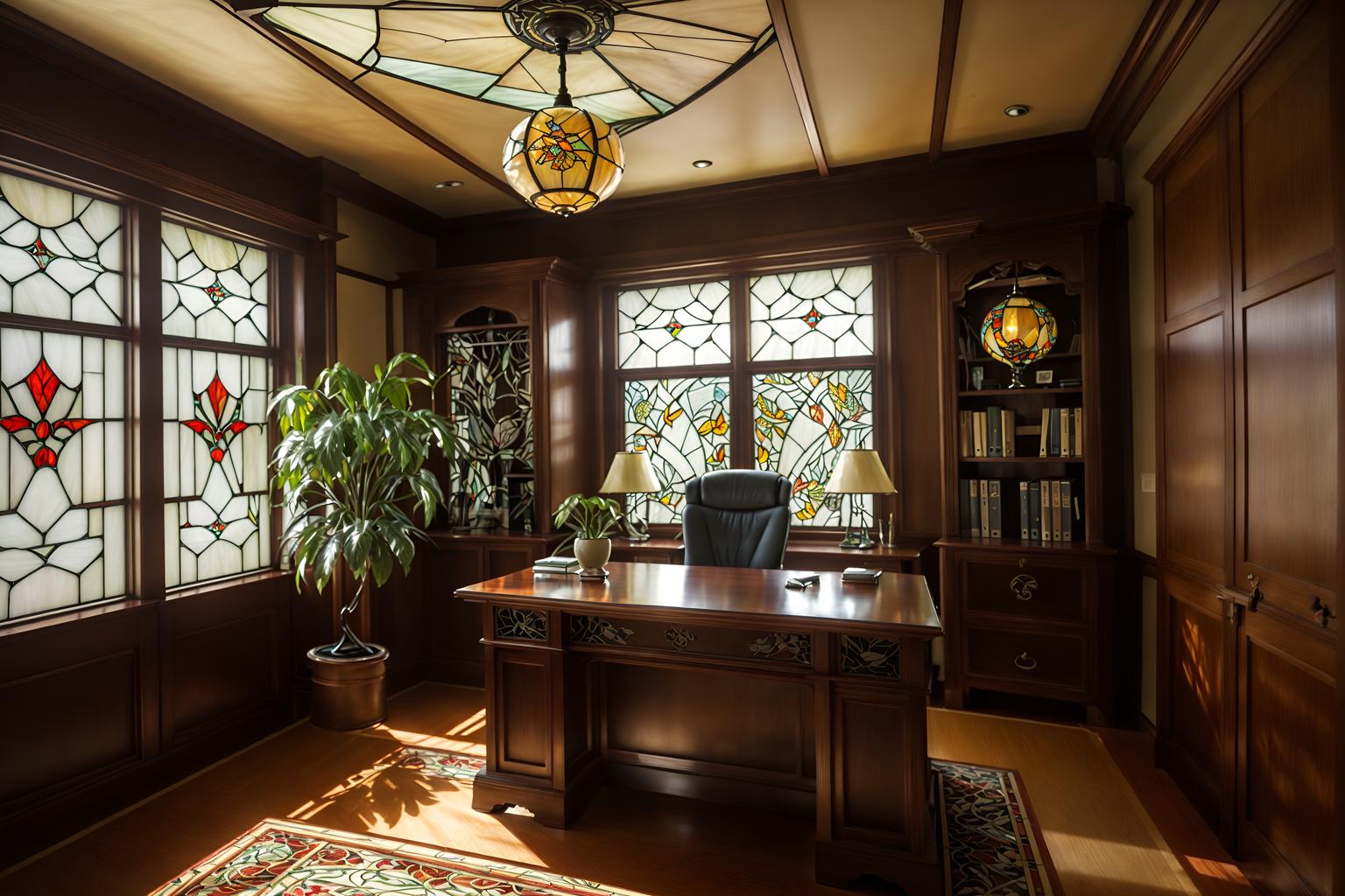 art nouveau-style (home office interior) with desk lamp and cabinets and computer desk and plant and office chair and desk lamp. . with stained glass and asymmetrical shapes and soft, rounded lines and japanese motifs and wallpaper pattners of spider webs and mosaics and stained glass and curved glass. . cinematic photo, highly detailed, cinematic lighting, ultra-detailed, ultrarealistic, photorealism, 8k. art nouveau interior design style. masterpiece, cinematic light, ultrarealistic+, photorealistic+, 8k, raw photo, realistic, sharp focus on eyes, (symmetrical eyes), (intact eyes), hyperrealistic, highest quality, best quality, , highly detailed, masterpiece, best quality, extremely detailed 8k wallpaper, masterpiece, best quality, ultra-detailed, best shadow, detailed background, detailed face, detailed eyes, high contrast, best illumination, detailed face, dulux, caustic, dynamic angle, detailed glow. dramatic lighting. highly detailed, insanely detailed hair, symmetrical, intricate details, professionally retouched, 8k high definition. strong bokeh. award winning photo.