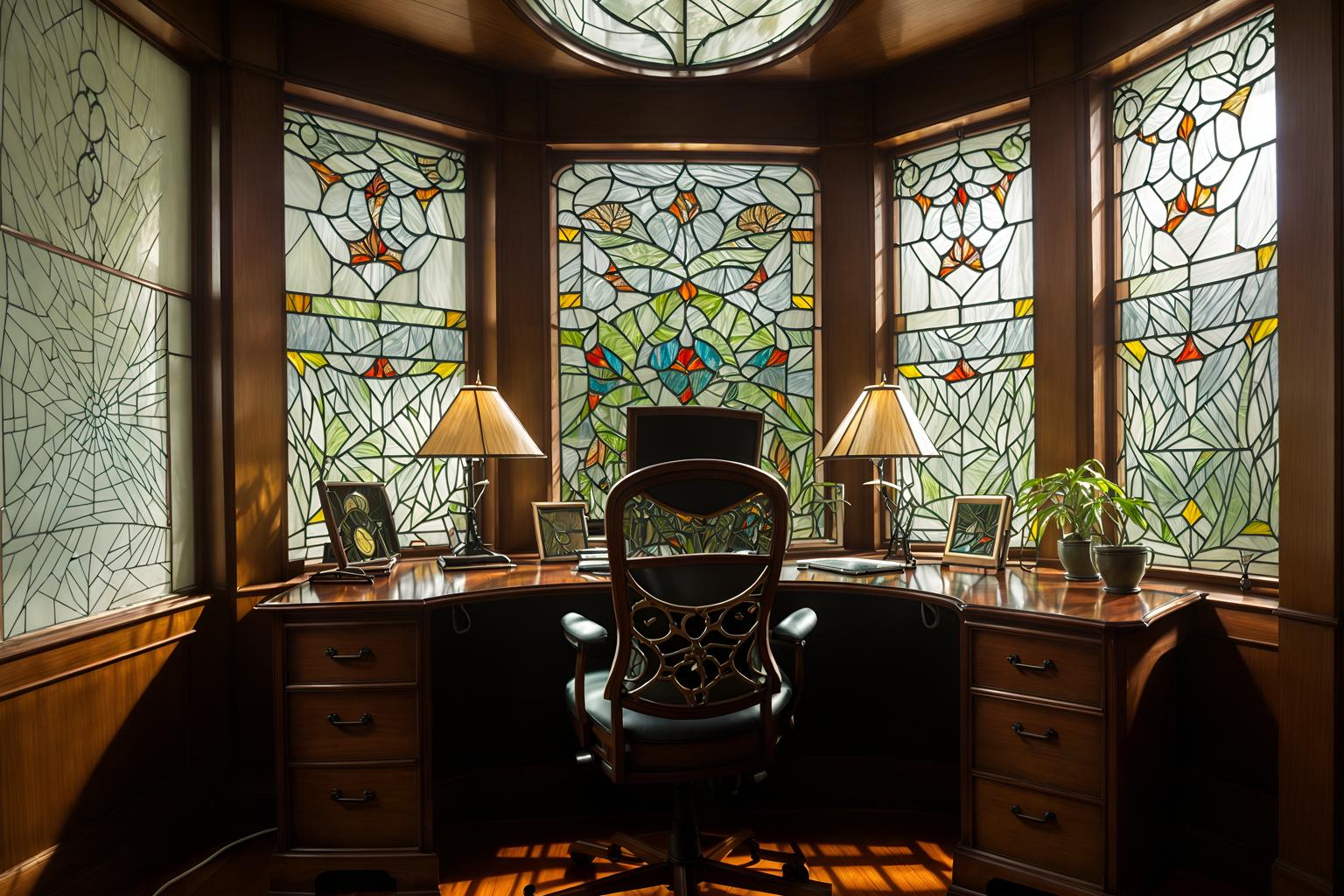 art nouveau-style (home office interior) with desk lamp and cabinets and computer desk and plant and office chair and desk lamp. . with stained glass and asymmetrical shapes and soft, rounded lines and japanese motifs and wallpaper pattners of spider webs and mosaics and stained glass and curved glass. . cinematic photo, highly detailed, cinematic lighting, ultra-detailed, ultrarealistic, photorealism, 8k. art nouveau interior design style. masterpiece, cinematic light, ultrarealistic+, photorealistic+, 8k, raw photo, realistic, sharp focus on eyes, (symmetrical eyes), (intact eyes), hyperrealistic, highest quality, best quality, , highly detailed, masterpiece, best quality, extremely detailed 8k wallpaper, masterpiece, best quality, ultra-detailed, best shadow, detailed background, detailed face, detailed eyes, high contrast, best illumination, detailed face, dulux, caustic, dynamic angle, detailed glow. dramatic lighting. highly detailed, insanely detailed hair, symmetrical, intricate details, professionally retouched, 8k high definition. strong bokeh. award winning photo.