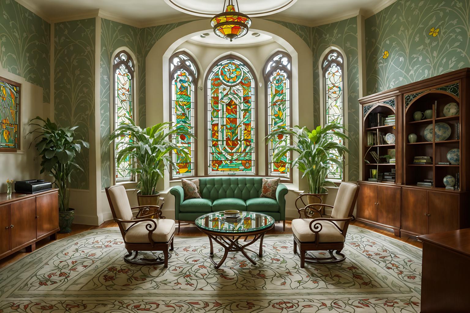 art nouveau-style (office interior) with windows and lounge chairs and cabinets and computer desks and plants and seating area with sofa and office desks and office chairs. . with stained glass and curved glass and wallpaper patterns of stylized flowers and wallpaper patterns of feathers and stained glass and arches and curved forms and mosaics and soft, rounded lines. . cinematic photo, highly detailed, cinematic lighting, ultra-detailed, ultrarealistic, photorealism, 8k. art nouveau interior design style. masterpiece, cinematic light, ultrarealistic+, photorealistic+, 8k, raw photo, realistic, sharp focus on eyes, (symmetrical eyes), (intact eyes), hyperrealistic, highest quality, best quality, , highly detailed, masterpiece, best quality, extremely detailed 8k wallpaper, masterpiece, best quality, ultra-detailed, best shadow, detailed background, detailed face, detailed eyes, high contrast, best illumination, detailed face, dulux, caustic, dynamic angle, detailed glow. dramatic lighting. highly detailed, insanely detailed hair, symmetrical, intricate details, professionally retouched, 8k high definition. strong bokeh. award winning photo.