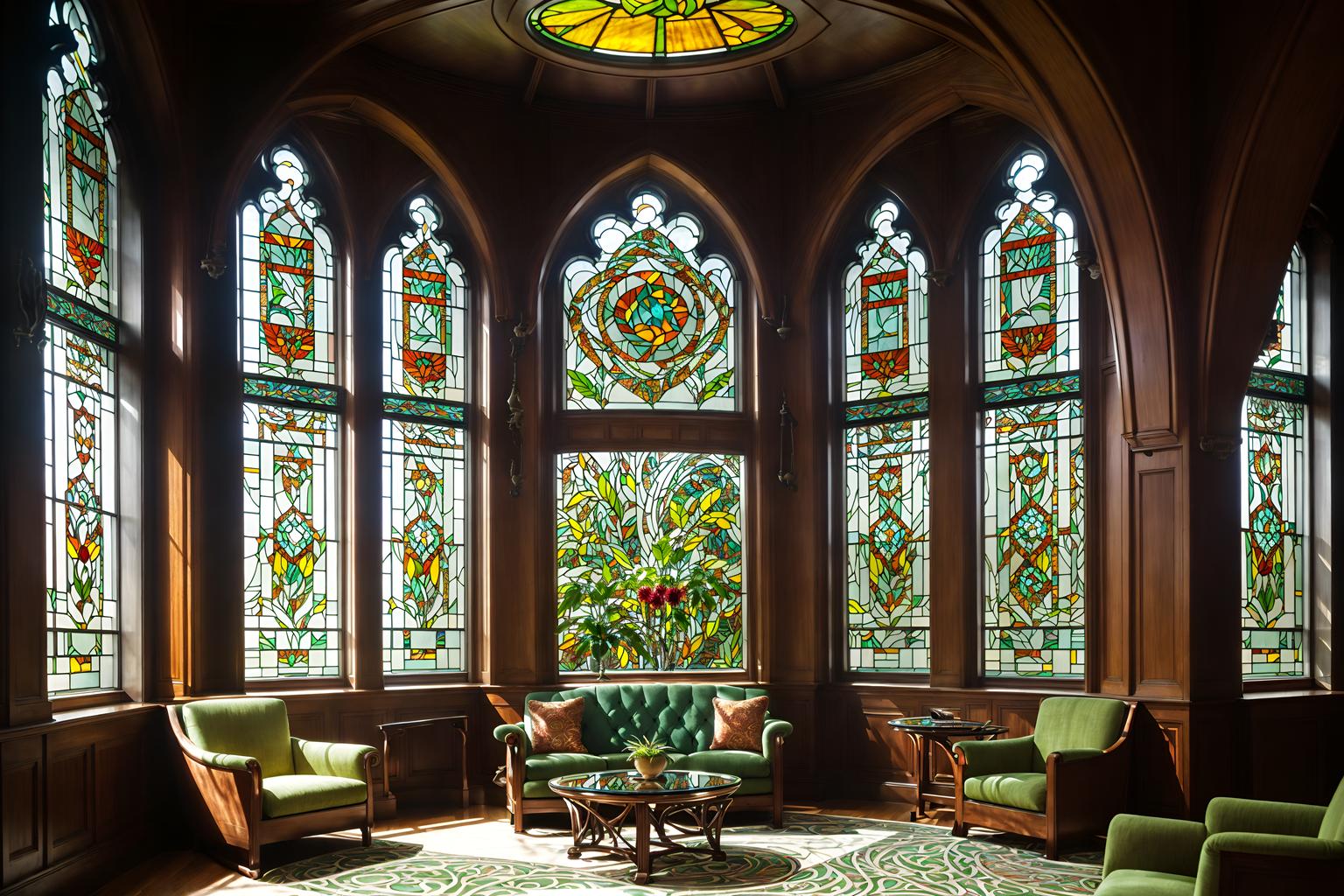 art nouveau-style (office interior) with windows and lounge chairs and cabinets and computer desks and plants and seating area with sofa and office desks and office chairs. . with stained glass and curved glass and wallpaper patterns of stylized flowers and wallpaper patterns of feathers and stained glass and arches and curved forms and mosaics and soft, rounded lines. . cinematic photo, highly detailed, cinematic lighting, ultra-detailed, ultrarealistic, photorealism, 8k. art nouveau interior design style. masterpiece, cinematic light, ultrarealistic+, photorealistic+, 8k, raw photo, realistic, sharp focus on eyes, (symmetrical eyes), (intact eyes), hyperrealistic, highest quality, best quality, , highly detailed, masterpiece, best quality, extremely detailed 8k wallpaper, masterpiece, best quality, ultra-detailed, best shadow, detailed background, detailed face, detailed eyes, high contrast, best illumination, detailed face, dulux, caustic, dynamic angle, detailed glow. dramatic lighting. highly detailed, insanely detailed hair, symmetrical, intricate details, professionally retouched, 8k high definition. strong bokeh. award winning photo.