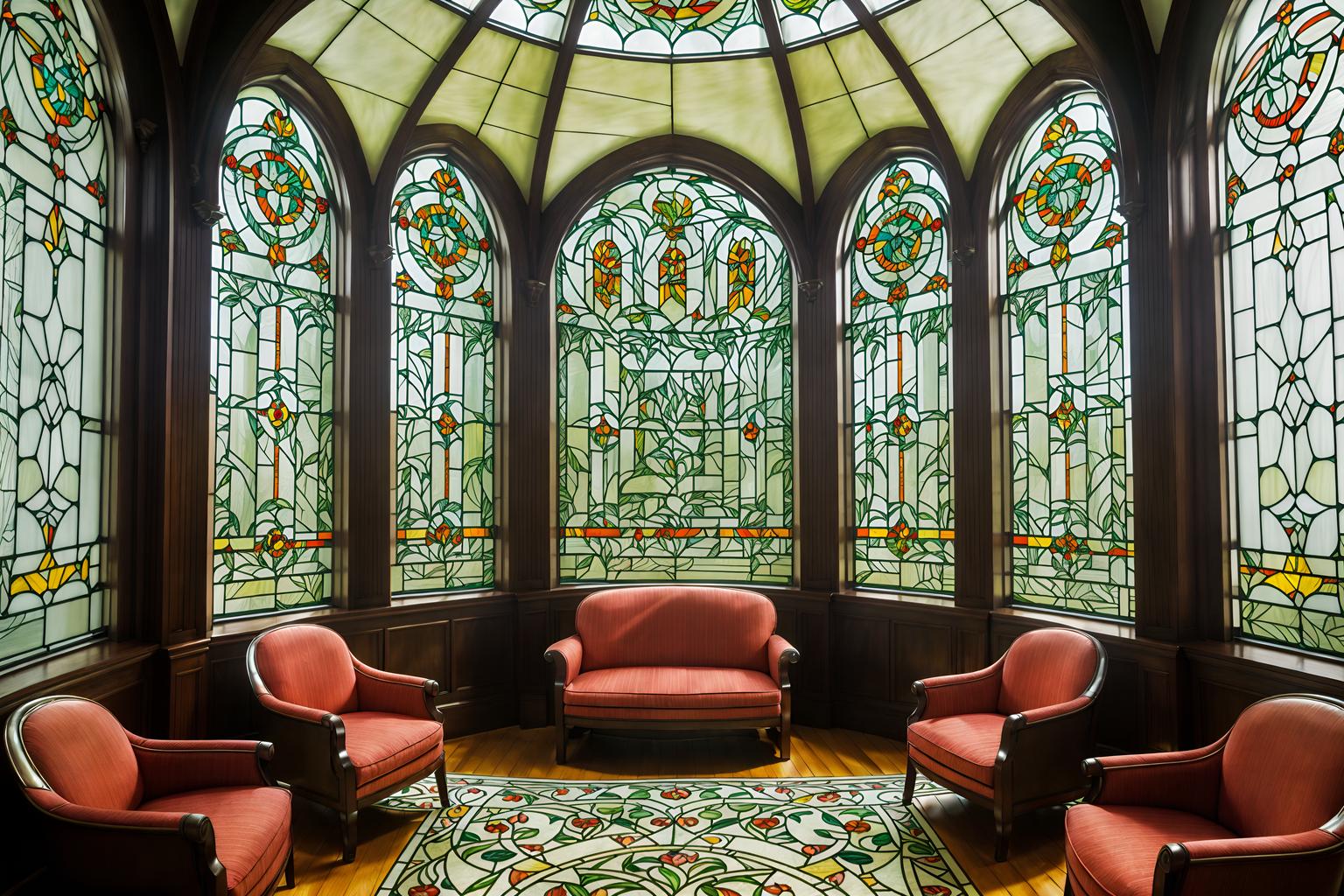 art nouveau-style (office interior) with windows and lounge chairs and cabinets and computer desks and plants and seating area with sofa and office desks and office chairs. . with stained glass and curved glass and wallpaper patterns of stylized flowers and wallpaper patterns of feathers and stained glass and arches and curved forms and mosaics and soft, rounded lines. . cinematic photo, highly detailed, cinematic lighting, ultra-detailed, ultrarealistic, photorealism, 8k. art nouveau interior design style. masterpiece, cinematic light, ultrarealistic+, photorealistic+, 8k, raw photo, realistic, sharp focus on eyes, (symmetrical eyes), (intact eyes), hyperrealistic, highest quality, best quality, , highly detailed, masterpiece, best quality, extremely detailed 8k wallpaper, masterpiece, best quality, ultra-detailed, best shadow, detailed background, detailed face, detailed eyes, high contrast, best illumination, detailed face, dulux, caustic, dynamic angle, detailed glow. dramatic lighting. highly detailed, insanely detailed hair, symmetrical, intricate details, professionally retouched, 8k high definition. strong bokeh. award winning photo.