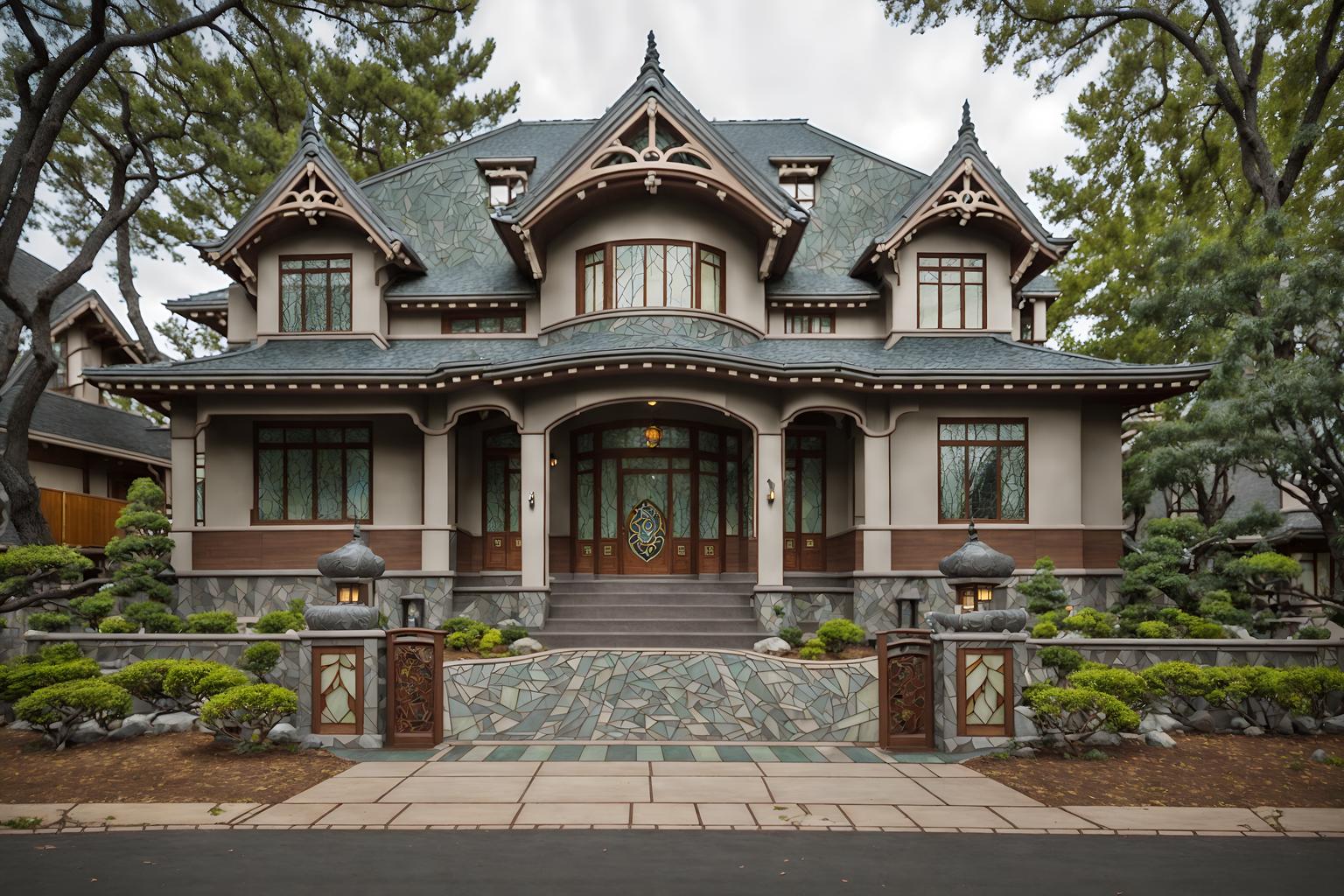art nouveau-style exterior designed (house exterior exterior) . with ashy colors and mosaics and asymmetrical shapes and natural materials and stained glass and japanese motifs and curved glass and stained glass. . cinematic photo, highly detailed, cinematic lighting, ultra-detailed, ultrarealistic, photorealism, 8k. art nouveau exterior design style. masterpiece, cinematic light, ultrarealistic+, photorealistic+, 8k, raw photo, realistic, sharp focus on eyes, (symmetrical eyes), (intact eyes), hyperrealistic, highest quality, best quality, , highly detailed, masterpiece, best quality, extremely detailed 8k wallpaper, masterpiece, best quality, ultra-detailed, best shadow, detailed background, detailed face, detailed eyes, high contrast, best illumination, detailed face, dulux, caustic, dynamic angle, detailed glow. dramatic lighting. highly detailed, insanely detailed hair, symmetrical, intricate details, professionally retouched, 8k high definition. strong bokeh. award winning photo.