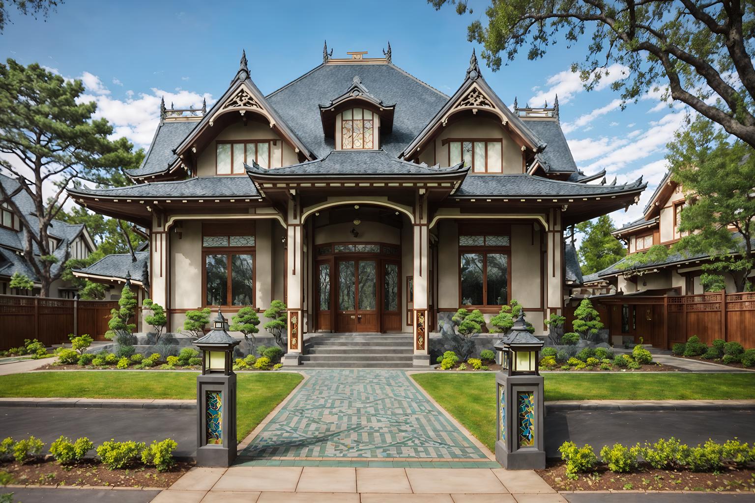 art nouveau-style exterior designed (house exterior exterior) . with ashy colors and mosaics and asymmetrical shapes and natural materials and stained glass and japanese motifs and curved glass and stained glass. . cinematic photo, highly detailed, cinematic lighting, ultra-detailed, ultrarealistic, photorealism, 8k. art nouveau exterior design style. masterpiece, cinematic light, ultrarealistic+, photorealistic+, 8k, raw photo, realistic, sharp focus on eyes, (symmetrical eyes), (intact eyes), hyperrealistic, highest quality, best quality, , highly detailed, masterpiece, best quality, extremely detailed 8k wallpaper, masterpiece, best quality, ultra-detailed, best shadow, detailed background, detailed face, detailed eyes, high contrast, best illumination, detailed face, dulux, caustic, dynamic angle, detailed glow. dramatic lighting. highly detailed, insanely detailed hair, symmetrical, intricate details, professionally retouched, 8k high definition. strong bokeh. award winning photo.