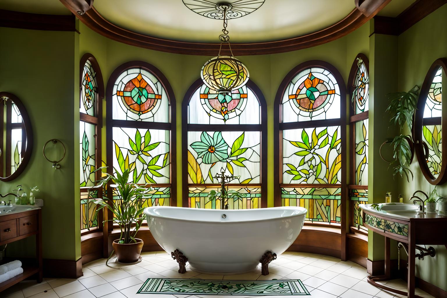 art nouveau-style (hotel bathroom interior) with shower and bath towel and plant and bathroom sink with faucet and bathtub and bath rail and toilet seat and waste basket. . with stained glass and curving, plant-like embellishments and arches and curved forms and wallpaper pattners of spider webs and natural materials and curved glass and stained glass and japanese motifs. . cinematic photo, highly detailed, cinematic lighting, ultra-detailed, ultrarealistic, photorealism, 8k. art nouveau interior design style. masterpiece, cinematic light, ultrarealistic+, photorealistic+, 8k, raw photo, realistic, sharp focus on eyes, (symmetrical eyes), (intact eyes), hyperrealistic, highest quality, best quality, , highly detailed, masterpiece, best quality, extremely detailed 8k wallpaper, masterpiece, best quality, ultra-detailed, best shadow, detailed background, detailed face, detailed eyes, high contrast, best illumination, detailed face, dulux, caustic, dynamic angle, detailed glow. dramatic lighting. highly detailed, insanely detailed hair, symmetrical, intricate details, professionally retouched, 8k high definition. strong bokeh. award winning photo.