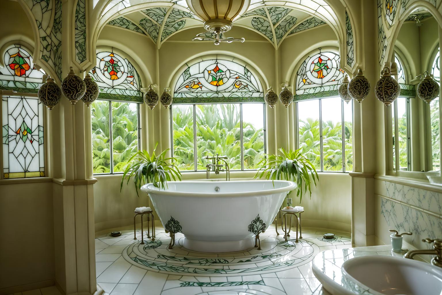 art nouveau-style (hotel bathroom interior) with shower and bath towel and plant and bathroom sink with faucet and bathtub and bath rail and toilet seat and waste basket. . with stained glass and curving, plant-like embellishments and arches and curved forms and wallpaper pattners of spider webs and natural materials and curved glass and stained glass and japanese motifs. . cinematic photo, highly detailed, cinematic lighting, ultra-detailed, ultrarealistic, photorealism, 8k. art nouveau interior design style. masterpiece, cinematic light, ultrarealistic+, photorealistic+, 8k, raw photo, realistic, sharp focus on eyes, (symmetrical eyes), (intact eyes), hyperrealistic, highest quality, best quality, , highly detailed, masterpiece, best quality, extremely detailed 8k wallpaper, masterpiece, best quality, ultra-detailed, best shadow, detailed background, detailed face, detailed eyes, high contrast, best illumination, detailed face, dulux, caustic, dynamic angle, detailed glow. dramatic lighting. highly detailed, insanely detailed hair, symmetrical, intricate details, professionally retouched, 8k high definition. strong bokeh. award winning photo.