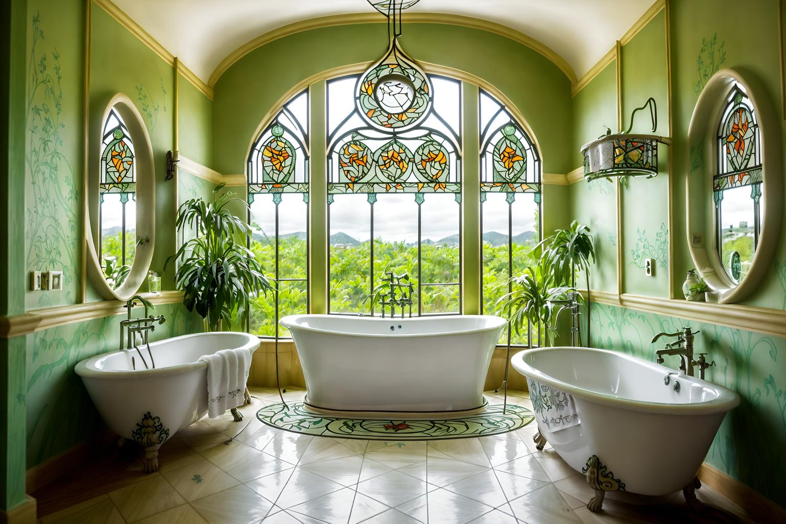 art nouveau-style (hotel bathroom interior) with shower and bath towel and plant and bathroom sink with faucet and bathtub and bath rail and toilet seat and waste basket. . with stained glass and curving, plant-like embellishments and arches and curved forms and wallpaper pattners of spider webs and natural materials and curved glass and stained glass and japanese motifs. . cinematic photo, highly detailed, cinematic lighting, ultra-detailed, ultrarealistic, photorealism, 8k. art nouveau interior design style. masterpiece, cinematic light, ultrarealistic+, photorealistic+, 8k, raw photo, realistic, sharp focus on eyes, (symmetrical eyes), (intact eyes), hyperrealistic, highest quality, best quality, , highly detailed, masterpiece, best quality, extremely detailed 8k wallpaper, masterpiece, best quality, ultra-detailed, best shadow, detailed background, detailed face, detailed eyes, high contrast, best illumination, detailed face, dulux, caustic, dynamic angle, detailed glow. dramatic lighting. highly detailed, insanely detailed hair, symmetrical, intricate details, professionally retouched, 8k high definition. strong bokeh. award winning photo.