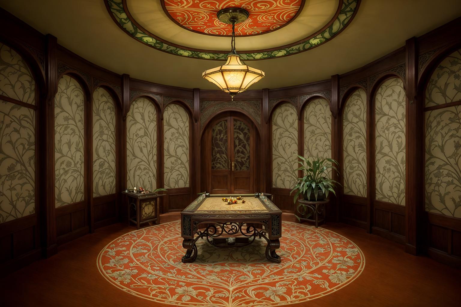 art nouveau-style (gaming room interior) . with arches and curved forms and wallpaper patterns of stylized flowers and soft, rounded lines and wallpaper patterns of feathers and wallpaper pattners of spider webs and japanese motifs and natural materials and curving, plant-like embellishments. . cinematic photo, highly detailed, cinematic lighting, ultra-detailed, ultrarealistic, photorealism, 8k. art nouveau interior design style. masterpiece, cinematic light, ultrarealistic+, photorealistic+, 8k, raw photo, realistic, sharp focus on eyes, (symmetrical eyes), (intact eyes), hyperrealistic, highest quality, best quality, , highly detailed, masterpiece, best quality, extremely detailed 8k wallpaper, masterpiece, best quality, ultra-detailed, best shadow, detailed background, detailed face, detailed eyes, high contrast, best illumination, detailed face, dulux, caustic, dynamic angle, detailed glow. dramatic lighting. highly detailed, insanely detailed hair, symmetrical, intricate details, professionally retouched, 8k high definition. strong bokeh. award winning photo.