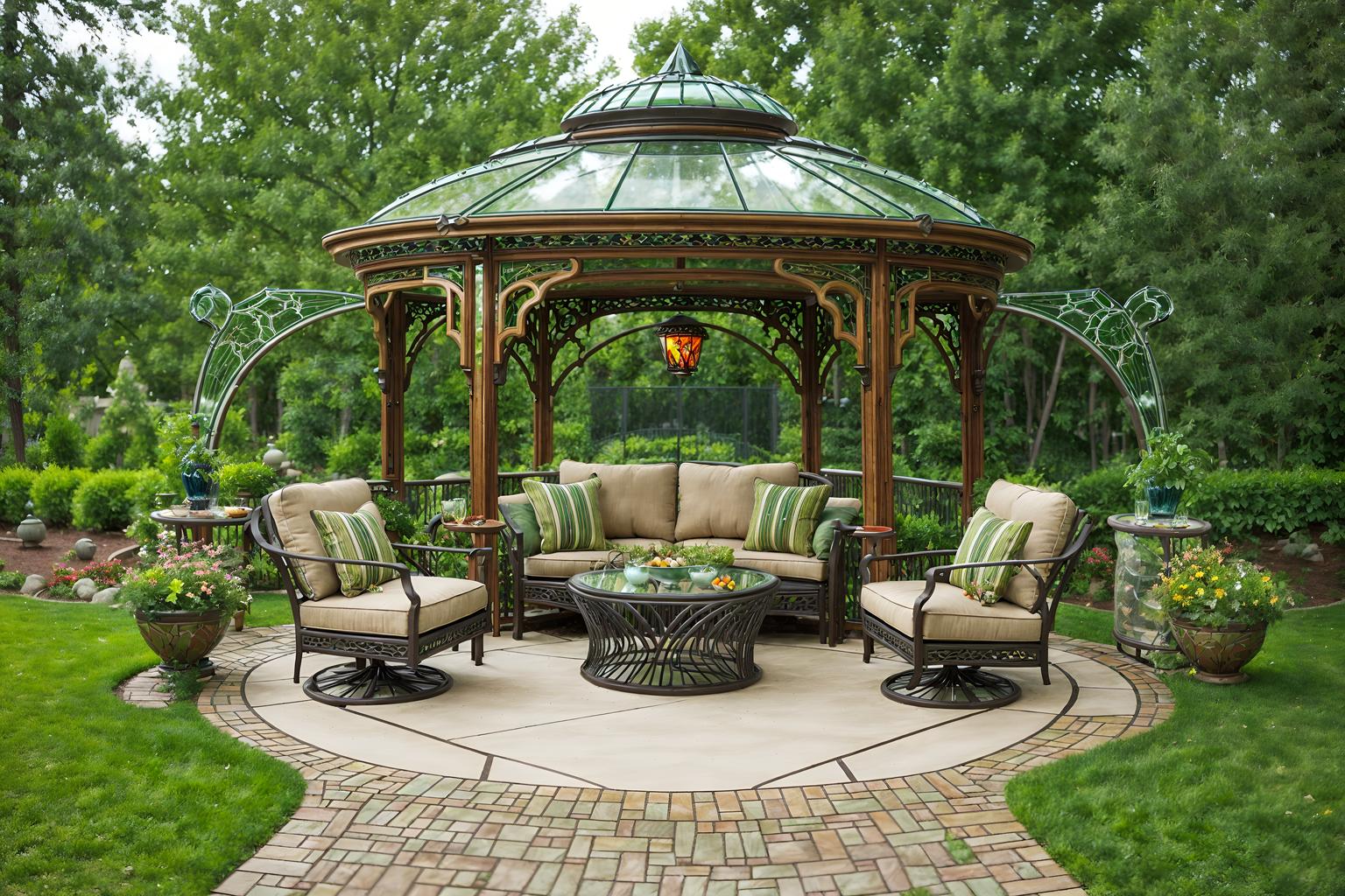 art nouveau-style designed (outdoor patio ) with grass and barbeque or grill and patio couch with pillows and deck with deck chairs and plant and grass. . with natural materials and stained glass and curved glass and mosaics and arches and curved forms and wallpaper pattners of spider webs and soft, rounded lines and stained glass. . cinematic photo, highly detailed, cinematic lighting, ultra-detailed, ultrarealistic, photorealism, 8k. art nouveau design style. masterpiece, cinematic light, ultrarealistic+, photorealistic+, 8k, raw photo, realistic, sharp focus on eyes, (symmetrical eyes), (intact eyes), hyperrealistic, highest quality, best quality, , highly detailed, masterpiece, best quality, extremely detailed 8k wallpaper, masterpiece, best quality, ultra-detailed, best shadow, detailed background, detailed face, detailed eyes, high contrast, best illumination, detailed face, dulux, caustic, dynamic angle, detailed glow. dramatic lighting. highly detailed, insanely detailed hair, symmetrical, intricate details, professionally retouched, 8k high definition. strong bokeh. award winning photo.