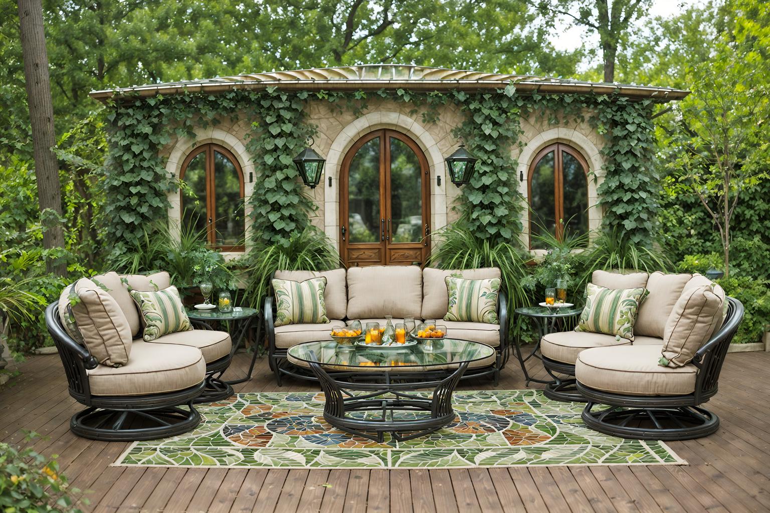 art nouveau-style designed (outdoor patio ) with grass and barbeque or grill and patio couch with pillows and deck with deck chairs and plant and grass. . with natural materials and stained glass and curved glass and mosaics and arches and curved forms and wallpaper pattners of spider webs and soft, rounded lines and stained glass. . cinematic photo, highly detailed, cinematic lighting, ultra-detailed, ultrarealistic, photorealism, 8k. art nouveau design style. masterpiece, cinematic light, ultrarealistic+, photorealistic+, 8k, raw photo, realistic, sharp focus on eyes, (symmetrical eyes), (intact eyes), hyperrealistic, highest quality, best quality, , highly detailed, masterpiece, best quality, extremely detailed 8k wallpaper, masterpiece, best quality, ultra-detailed, best shadow, detailed background, detailed face, detailed eyes, high contrast, best illumination, detailed face, dulux, caustic, dynamic angle, detailed glow. dramatic lighting. highly detailed, insanely detailed hair, symmetrical, intricate details, professionally retouched, 8k high definition. strong bokeh. award winning photo.